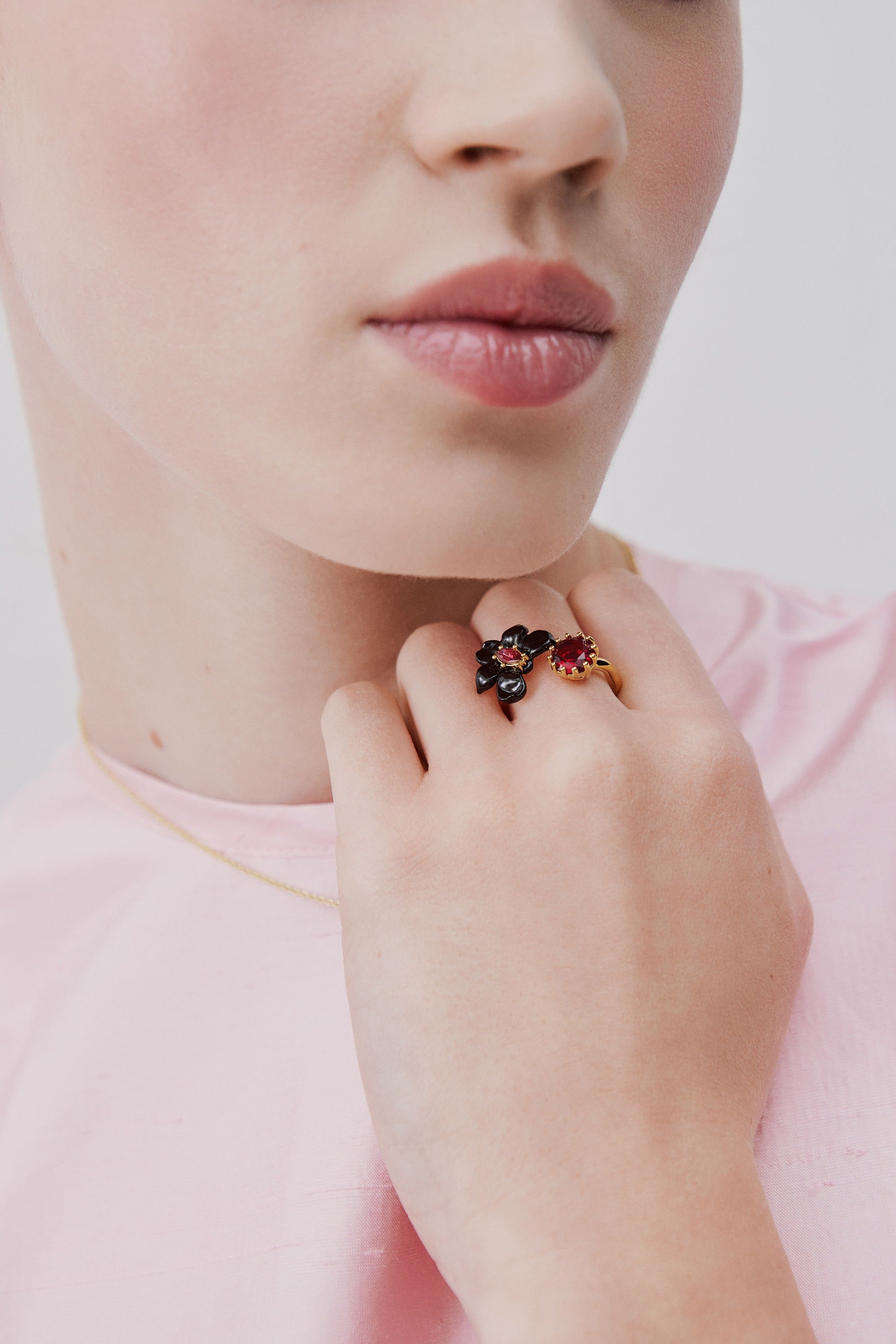 Black orchid adjustable ring with pink faceted crystal and red faceted glass