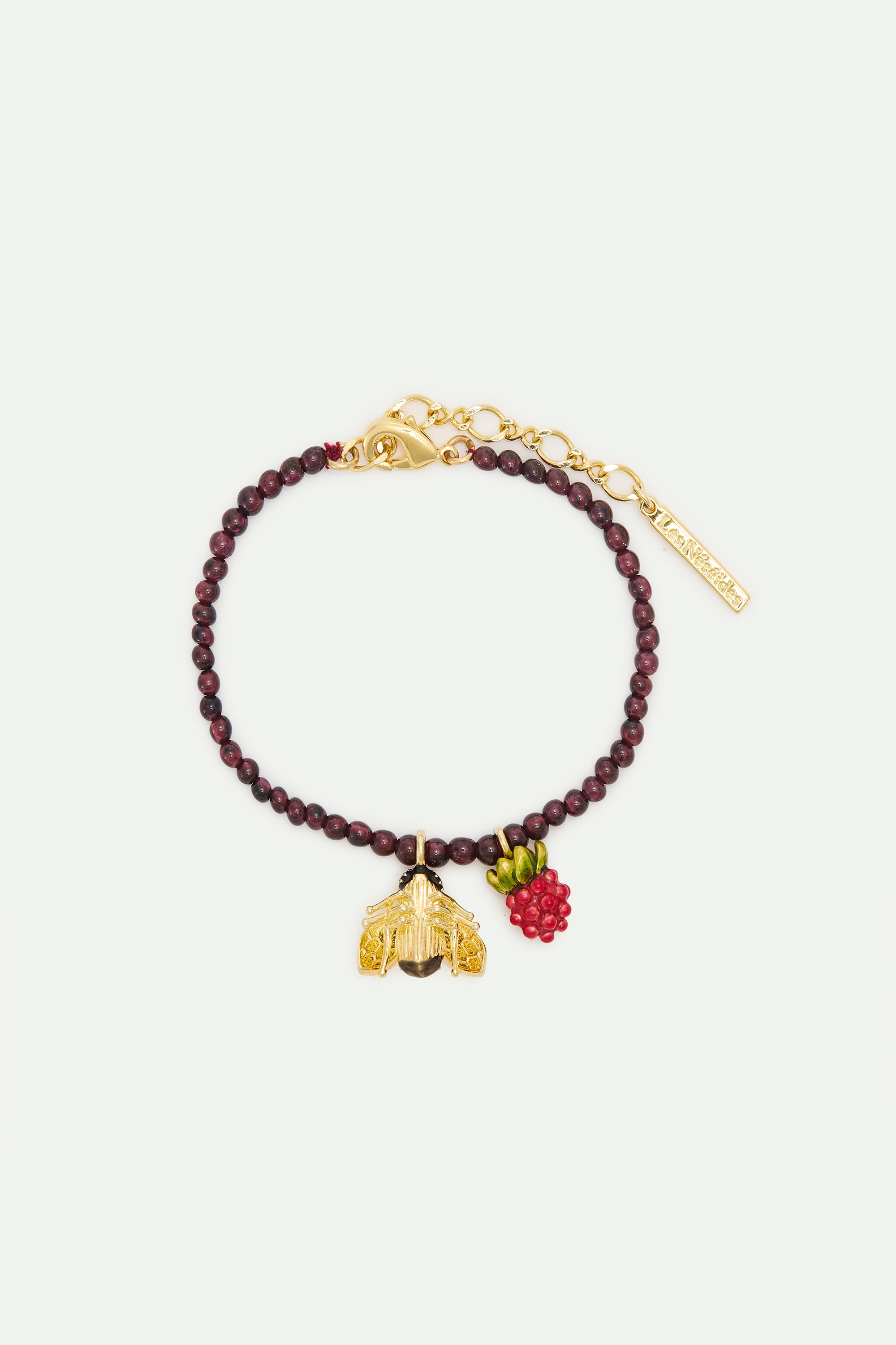 Reconstituted garnet bead bracelet with bee and raspberry