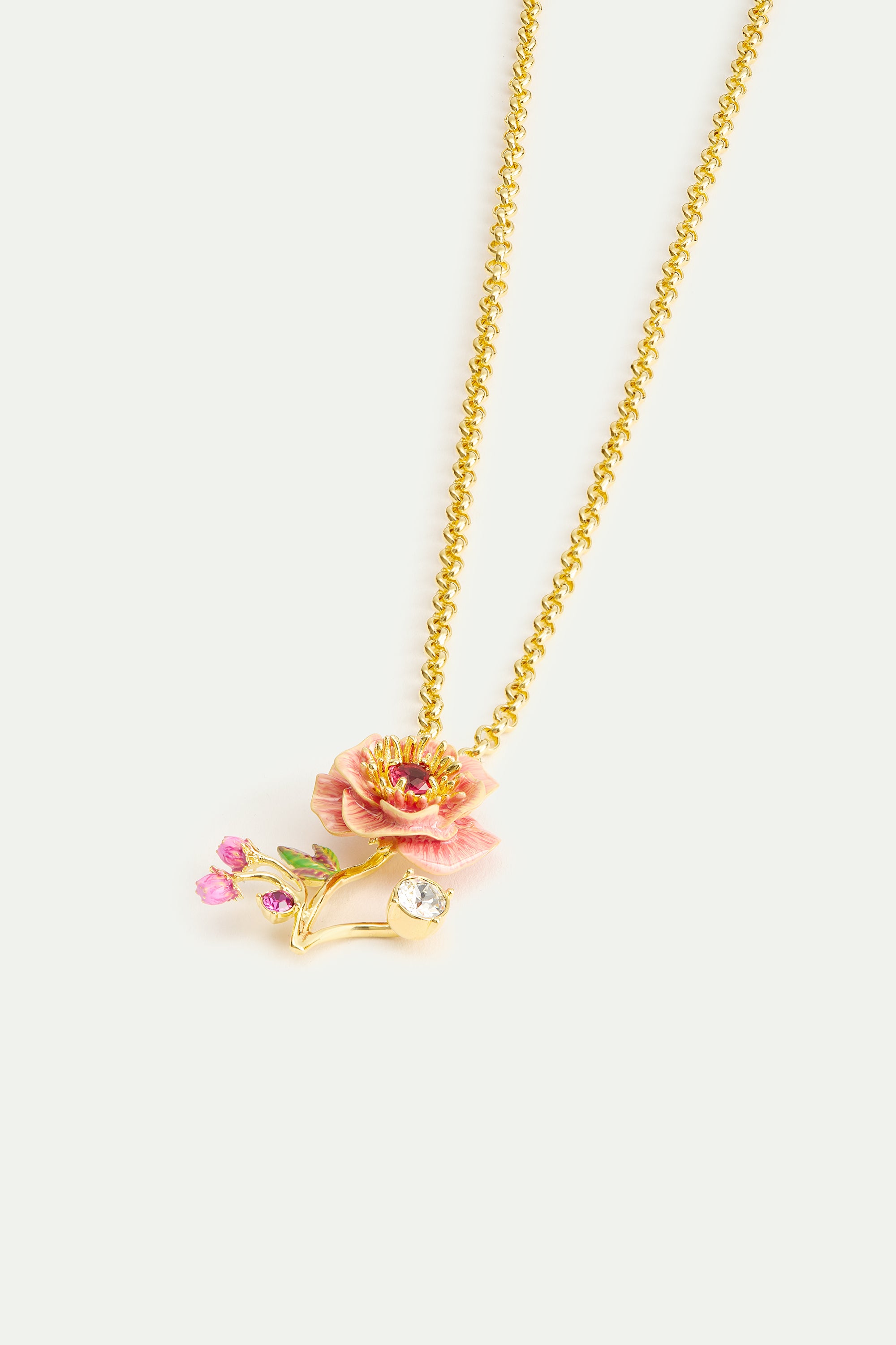 Pink anemone, rose bud and crystal necklace
