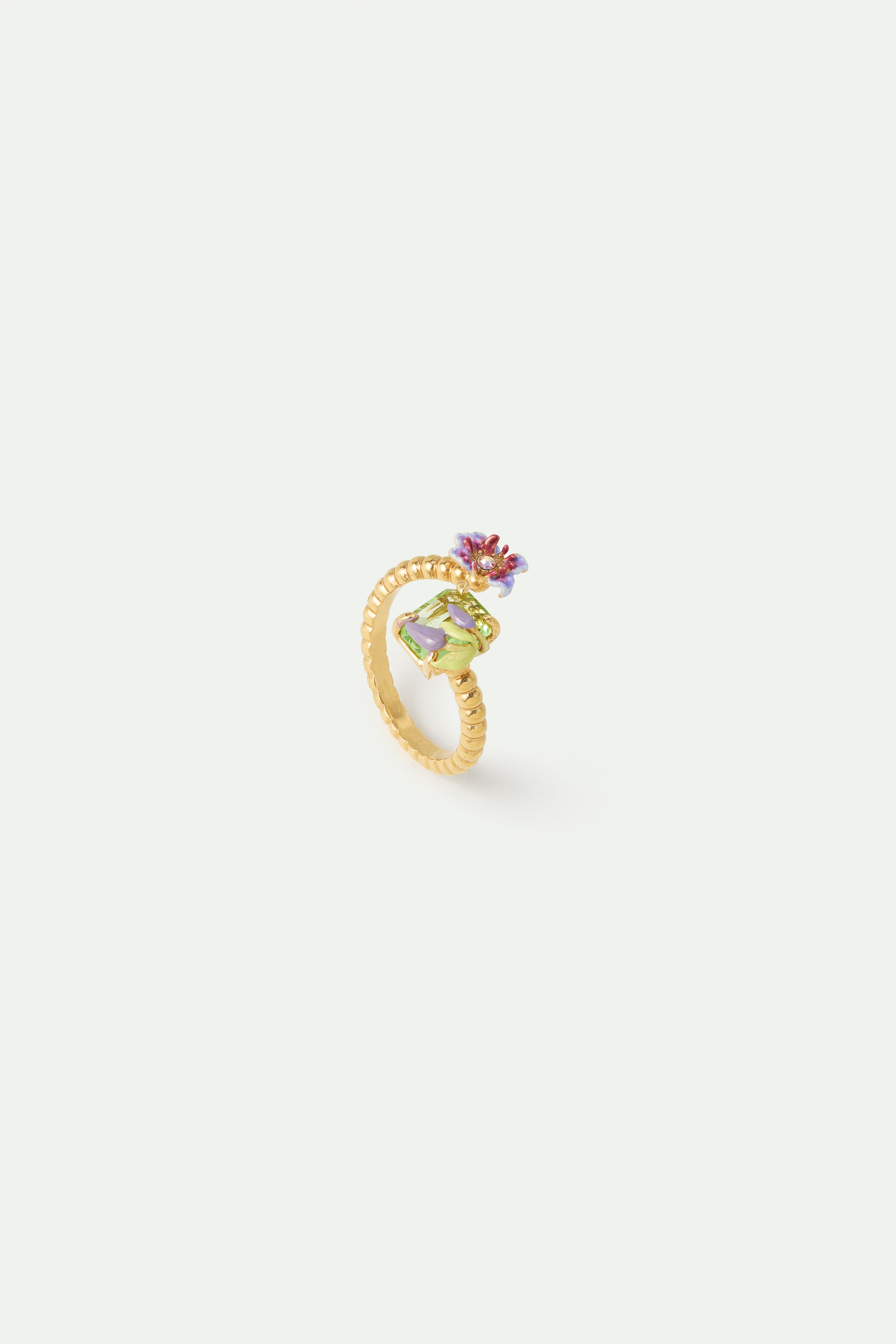 Purple clematis and green emerald-cut crystal adjustable ring