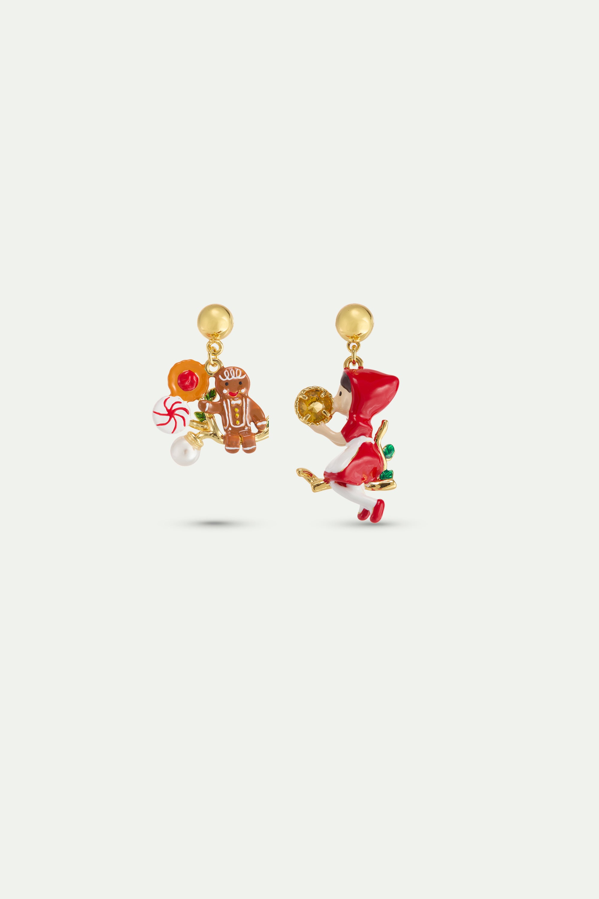 Boucles d'oreilles asymétriques bonhomme pain d'épice et bonbons, Petit Chaperon Rouge et verre facetté