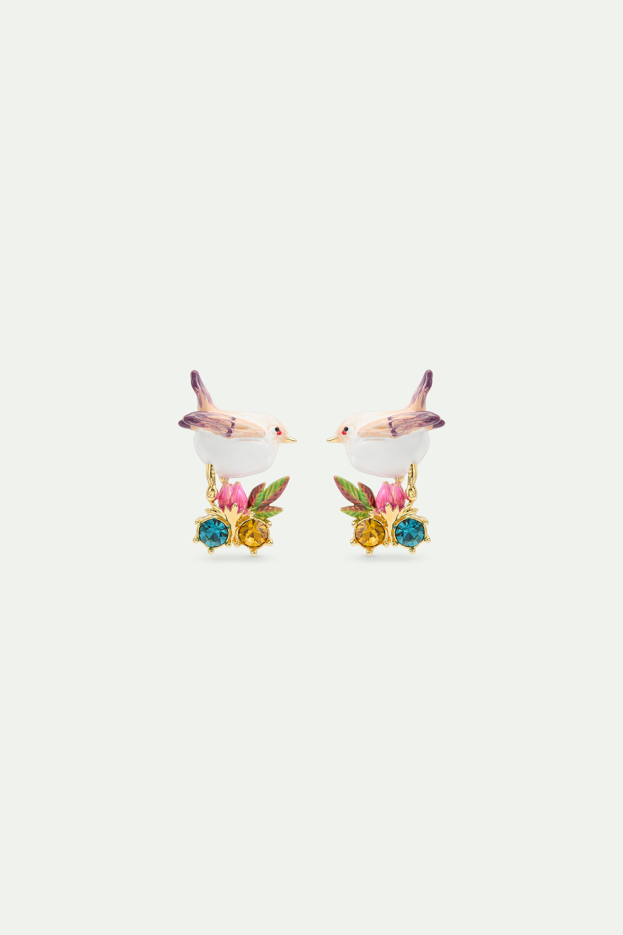 Snow bunting post earrings with rosebud and crystals