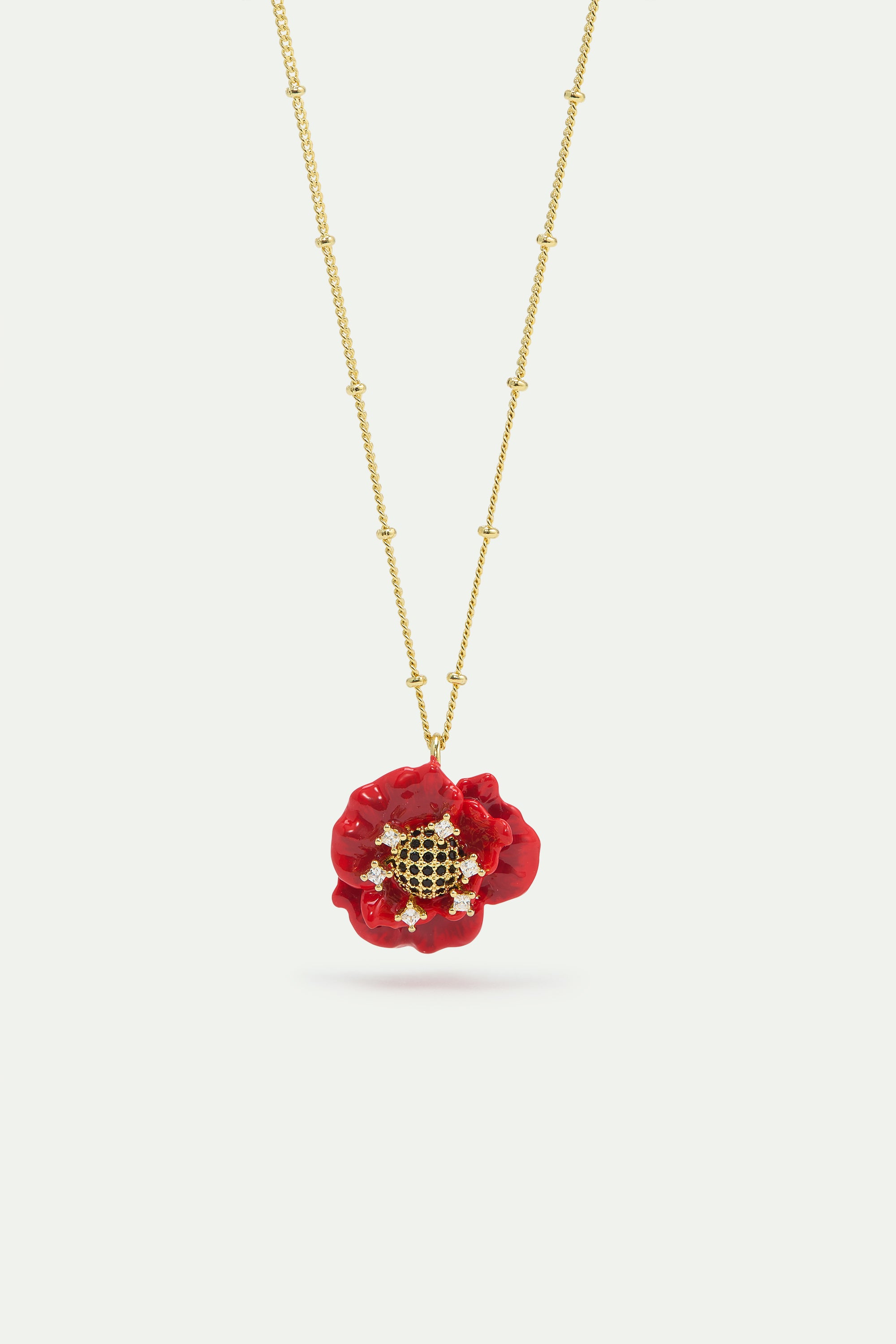 Red poppy and cubic zirconia pendant necklace