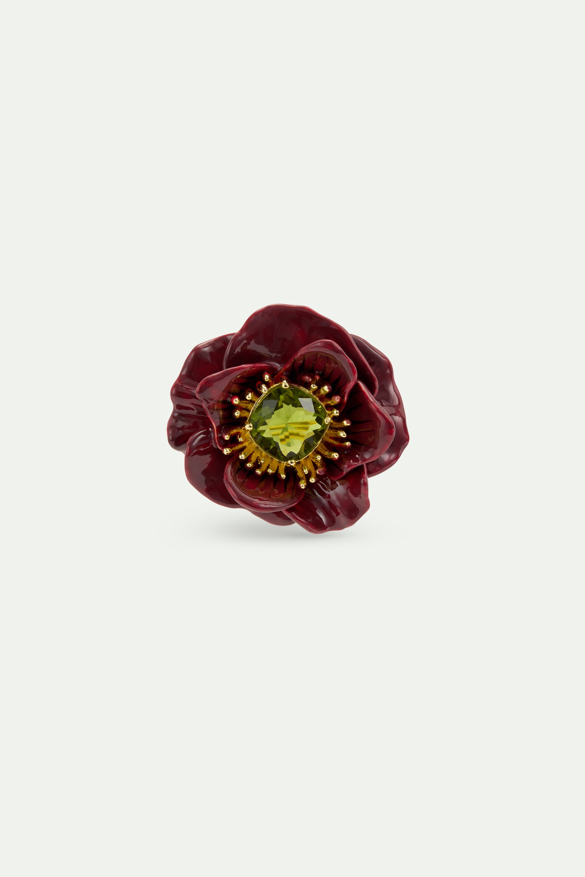 Burgundy anemone flower and green faceted stone brooch