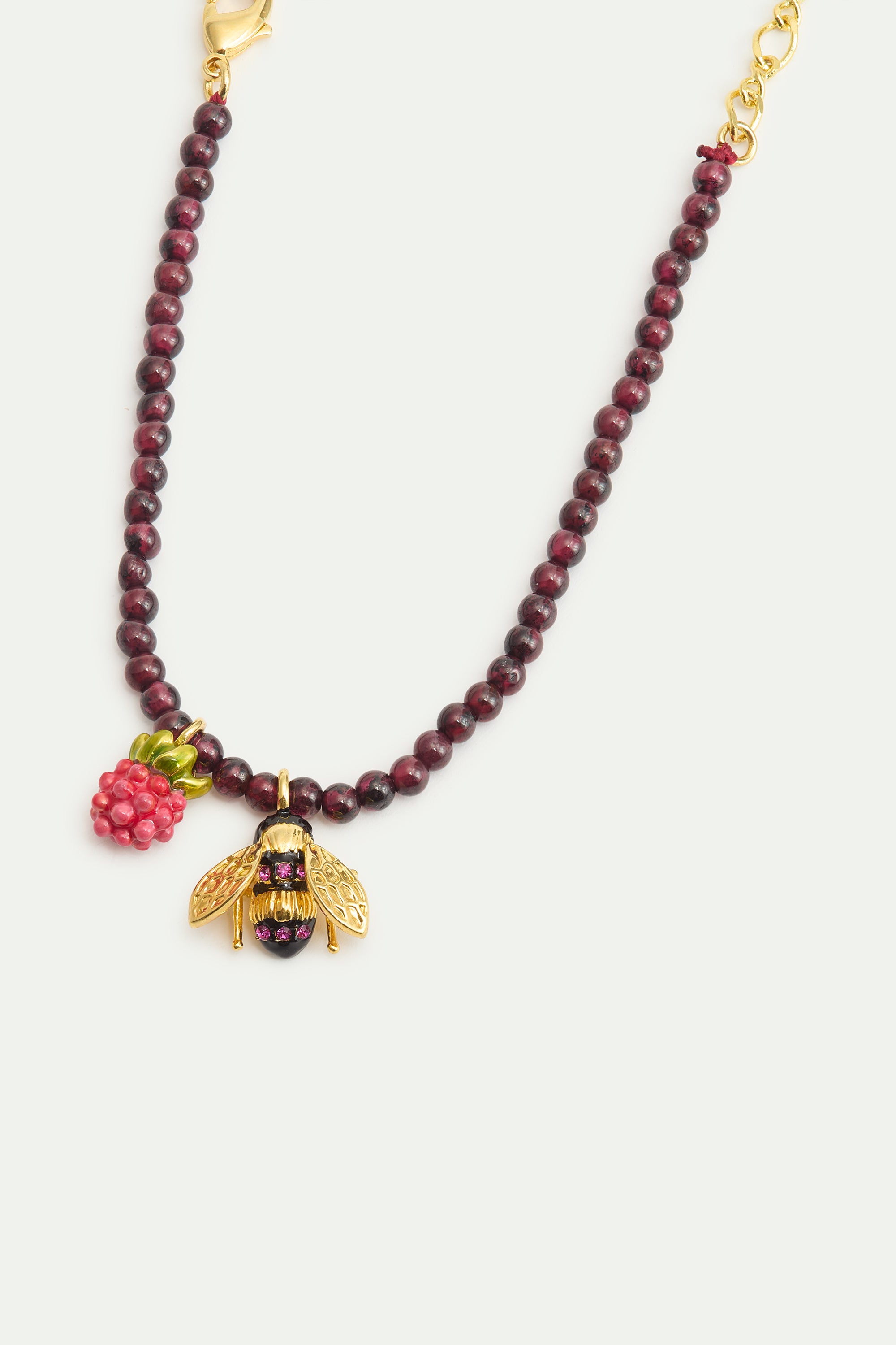 Reconstituted garnet bead bracelet with bee and raspberry