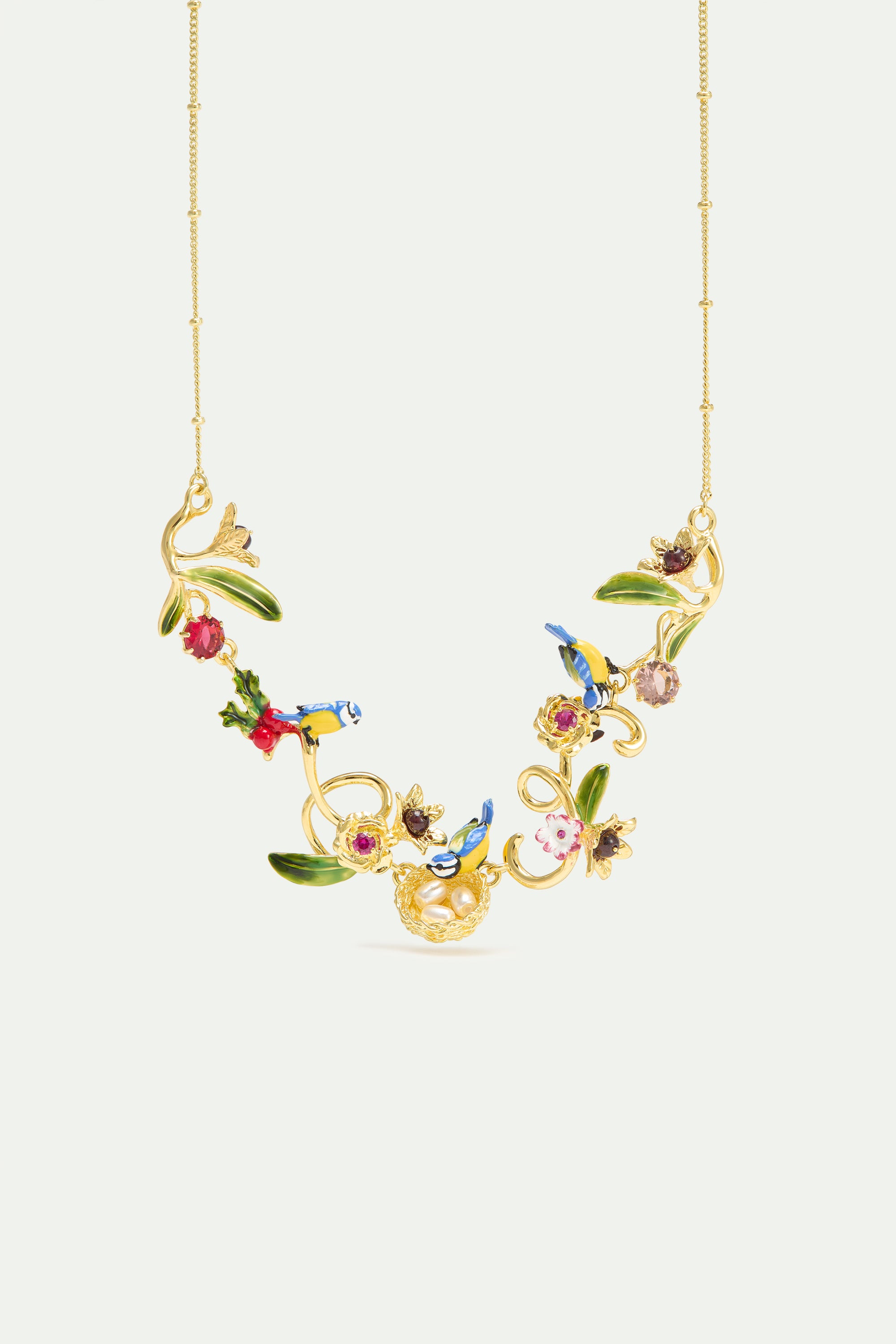 Gold nest necklace with blue tits, pearls and pink stones