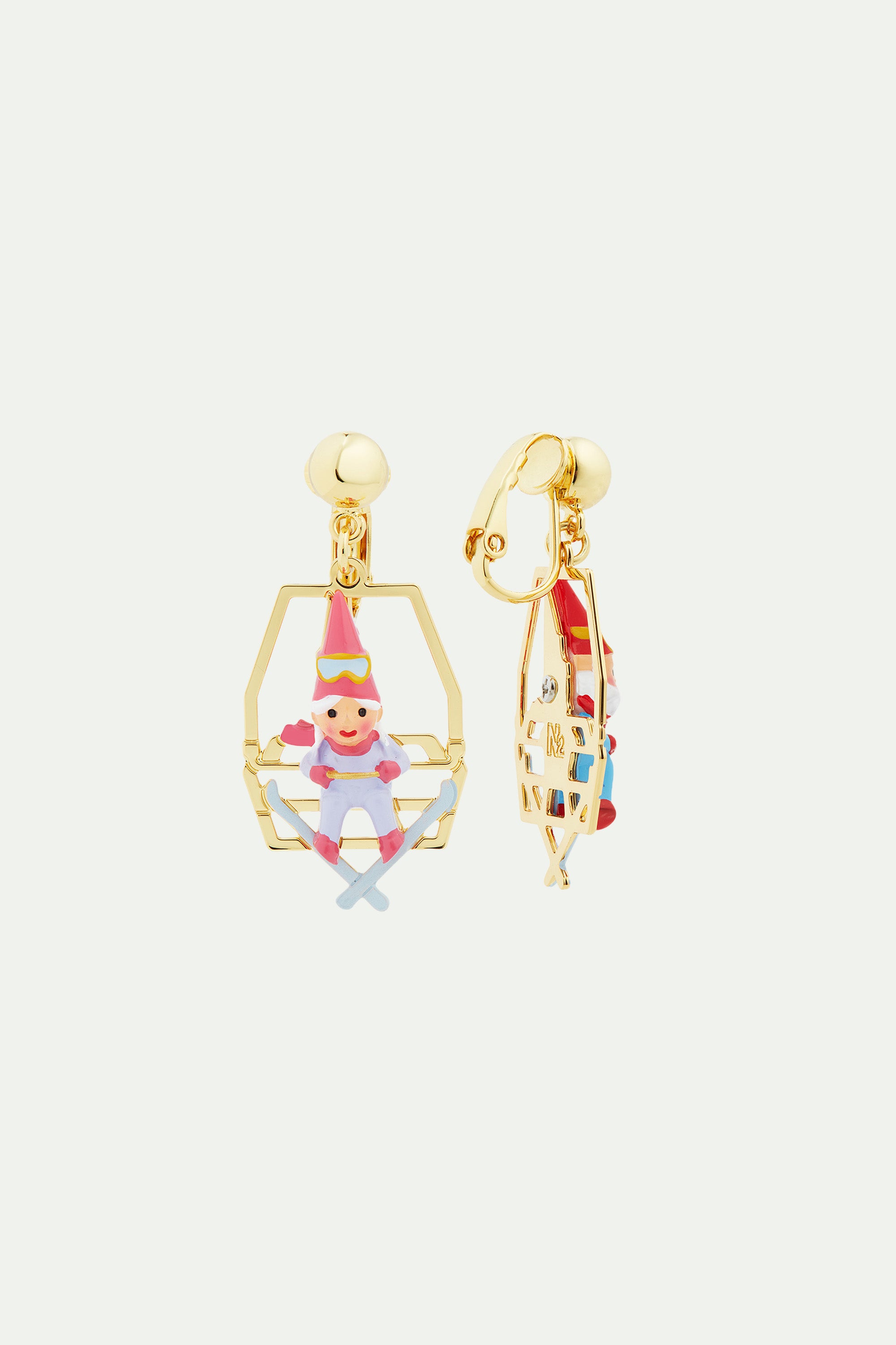 Garden gnomes sitting on chairlift clip-on earrings
