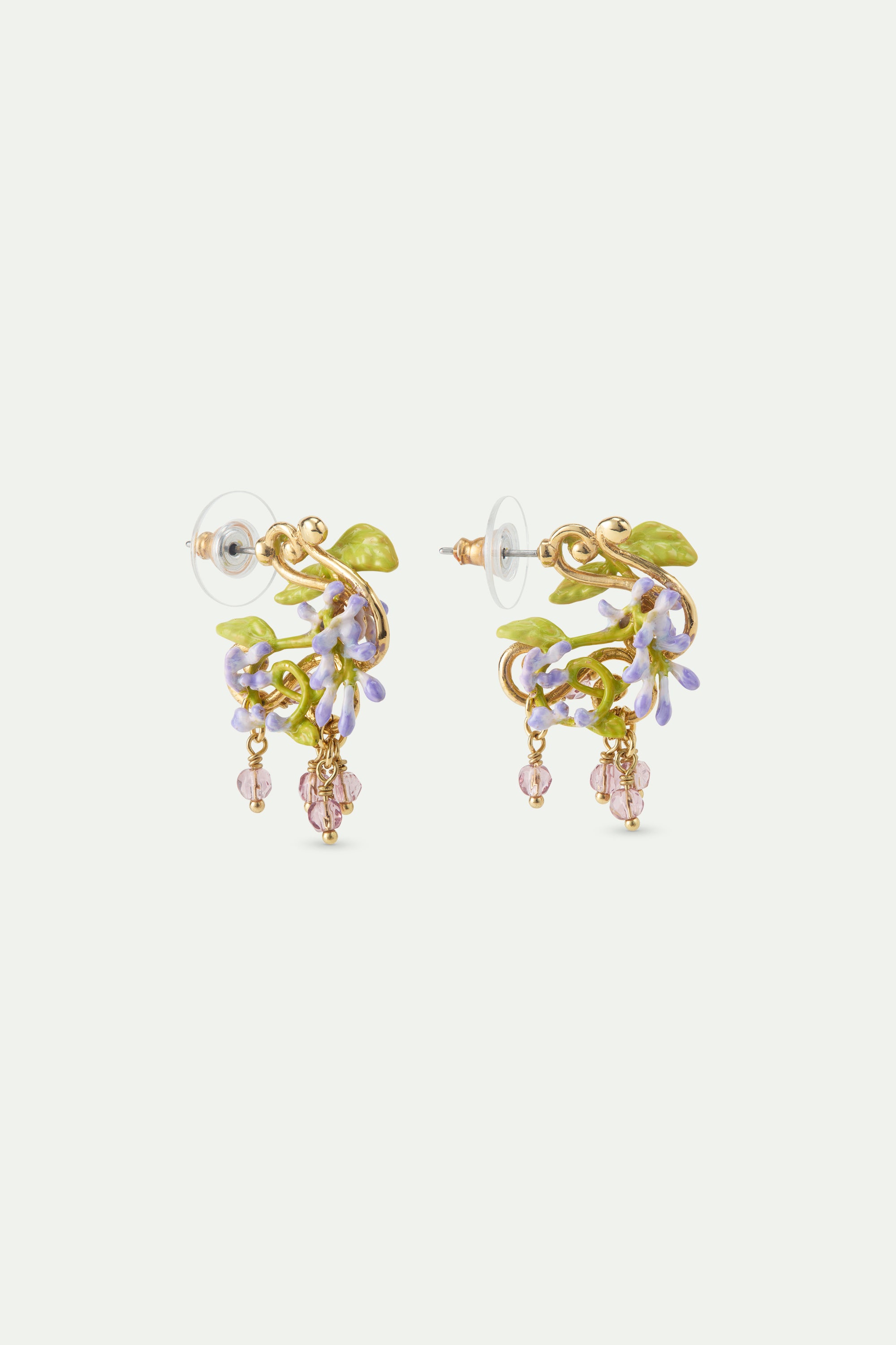 Purple wisteria post earrings on golden arabesque, ivy and faceted crystal beads
