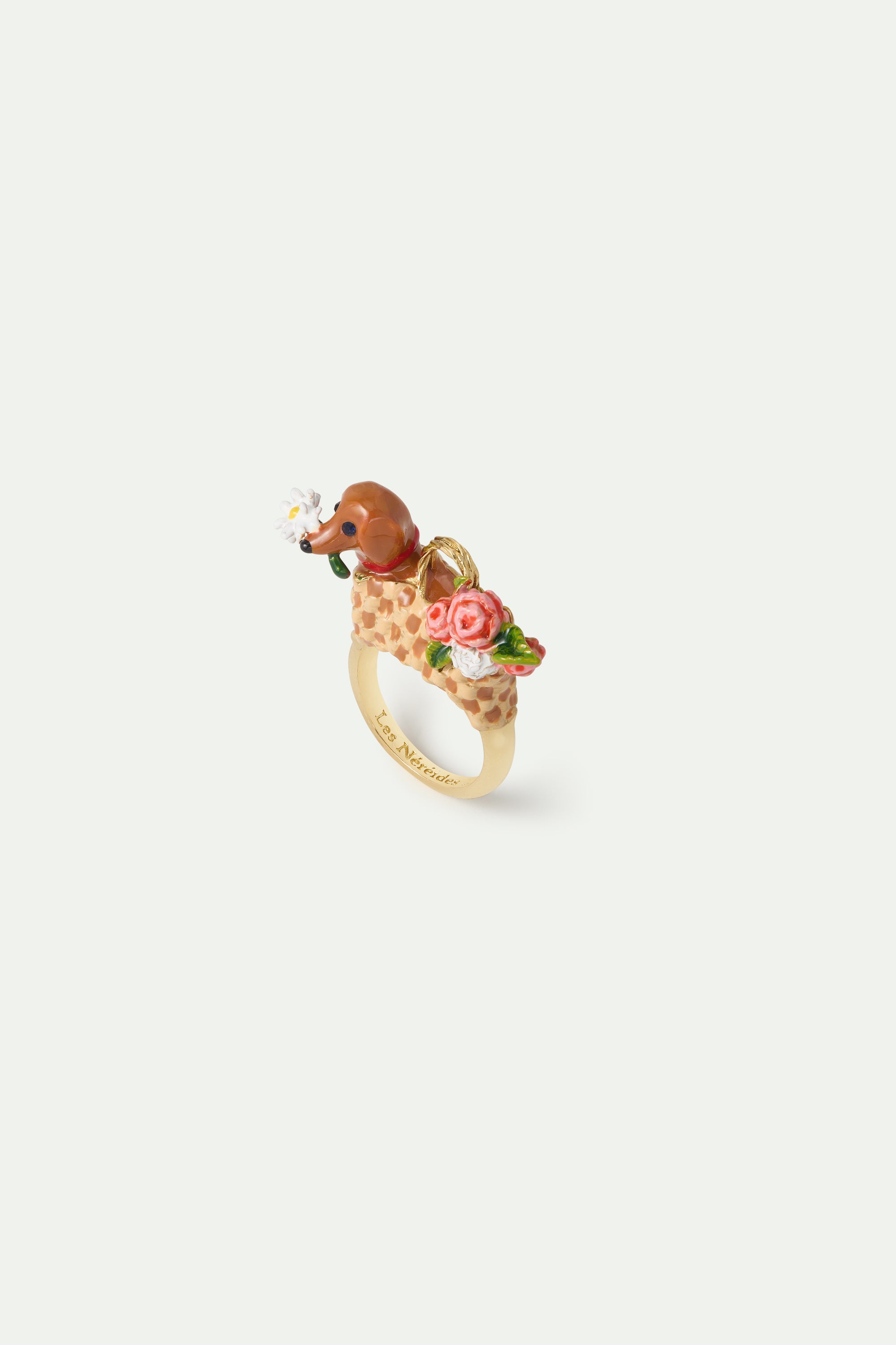 Basket, dachshund and bunch of flowers cocktail ring