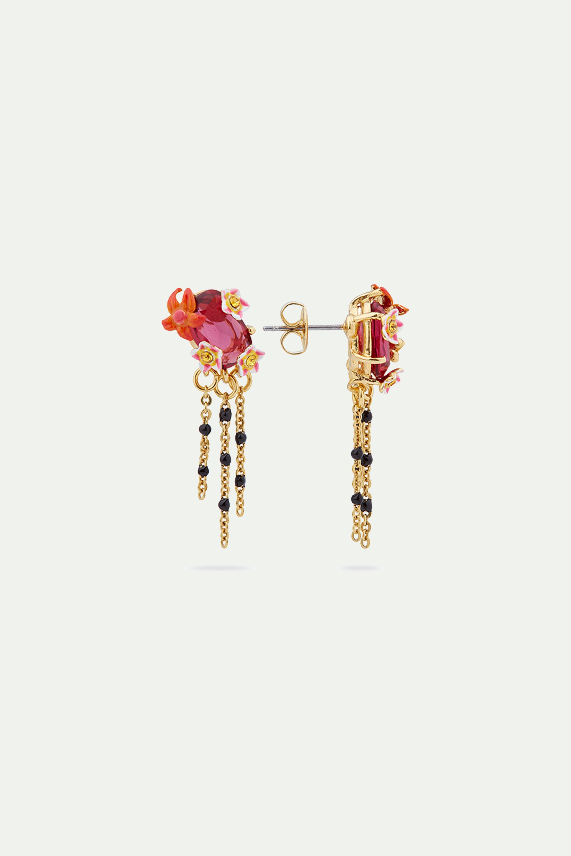 Faceted crystal and exotic flower dangling post earrings