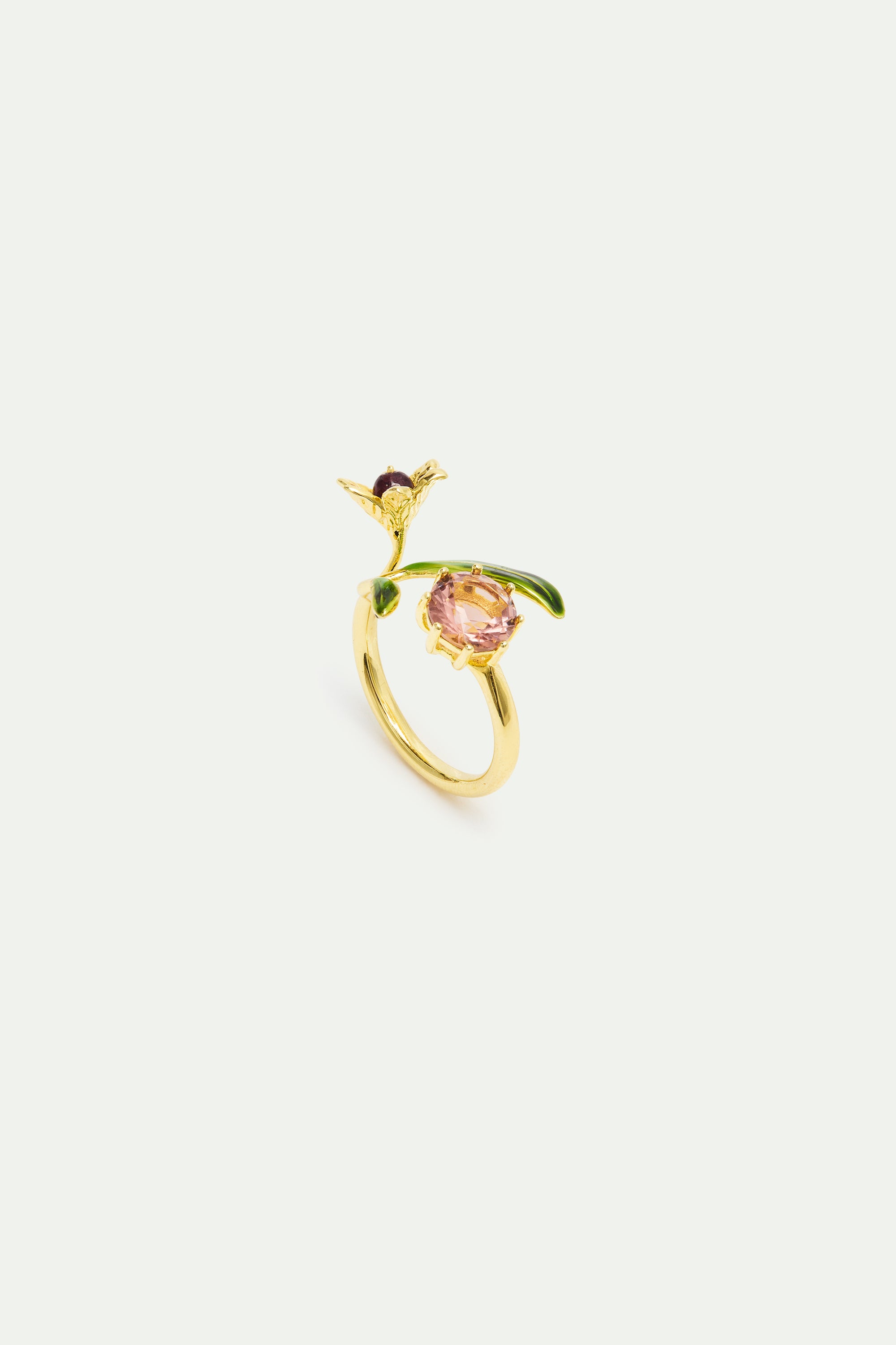 Anillo ajustable flor dorada, perla y piedra redonda rosa