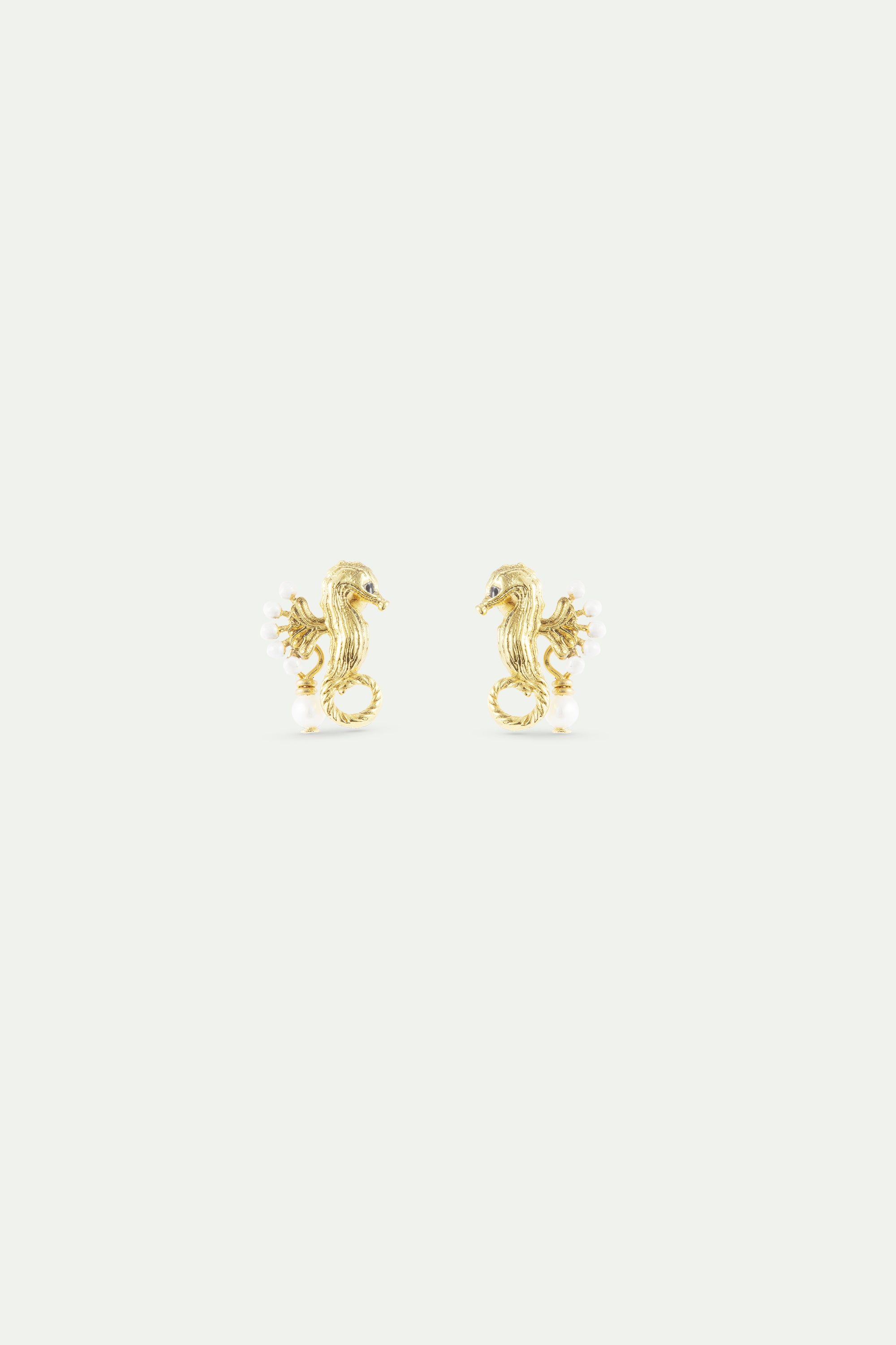 Golden seahorse and white pearl earrings