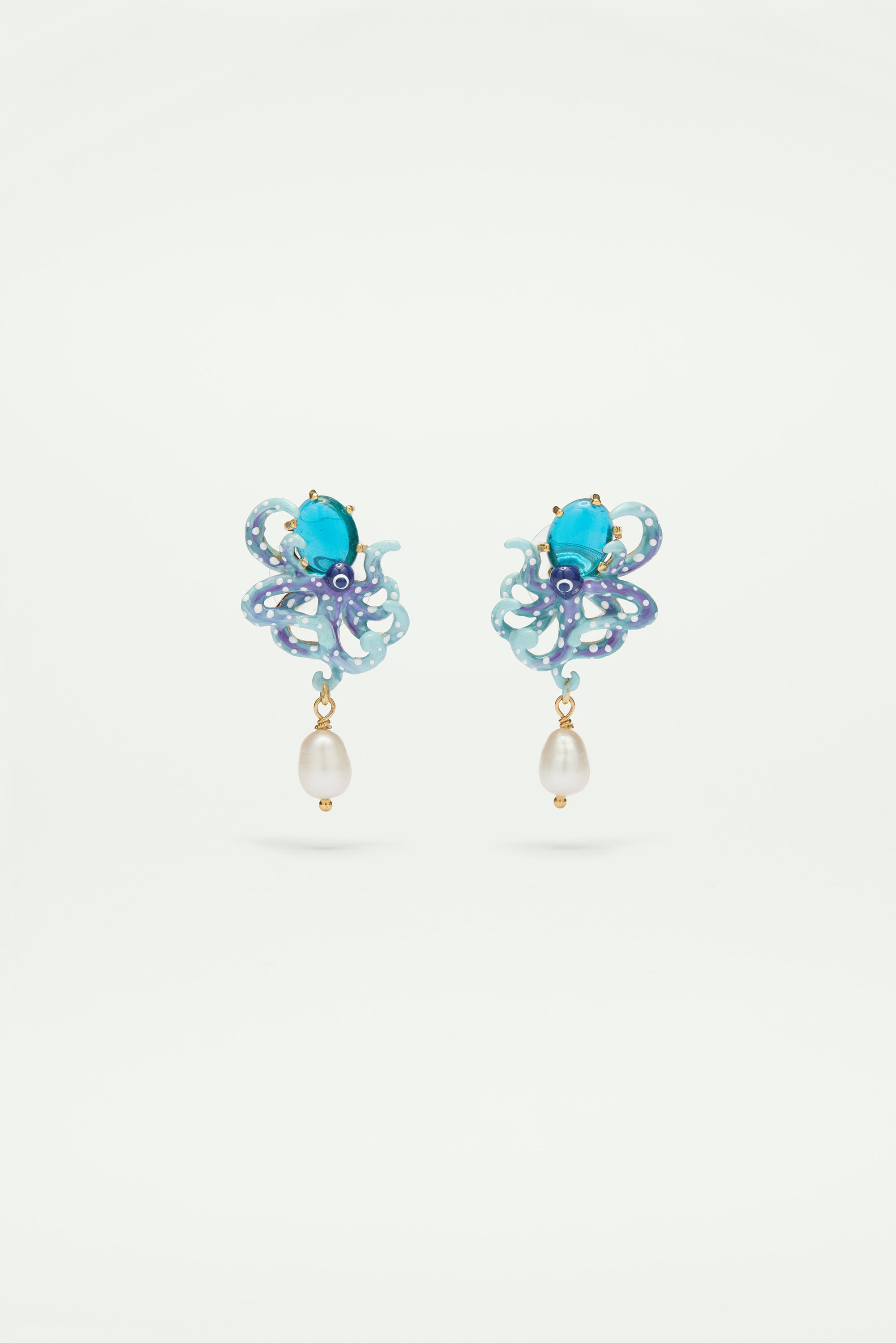 Blue octopus, blue cut glass stone and mother of pearl bead post earri