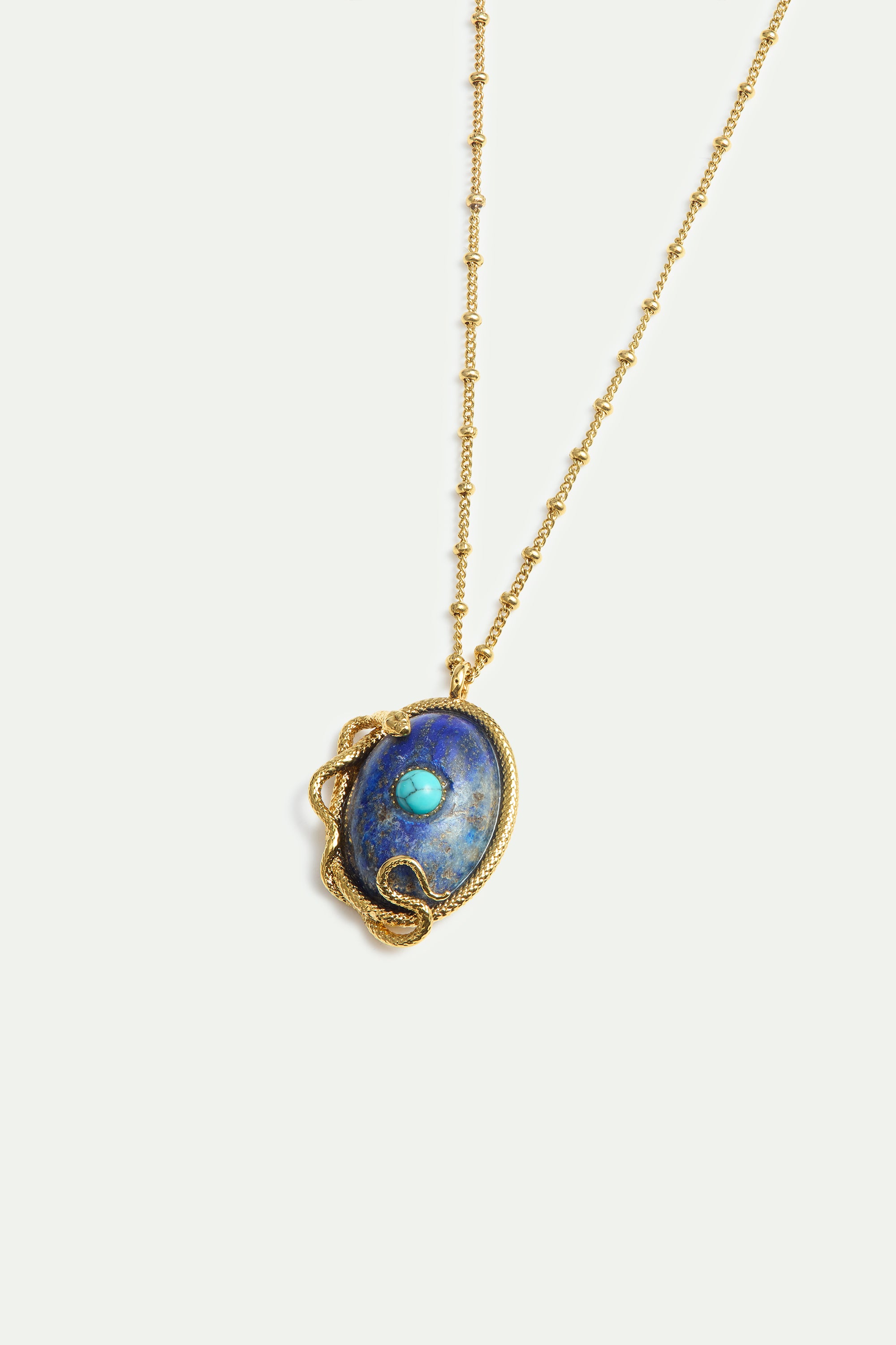 Lapis lazuli, turquoise and gold snake pendant necklace