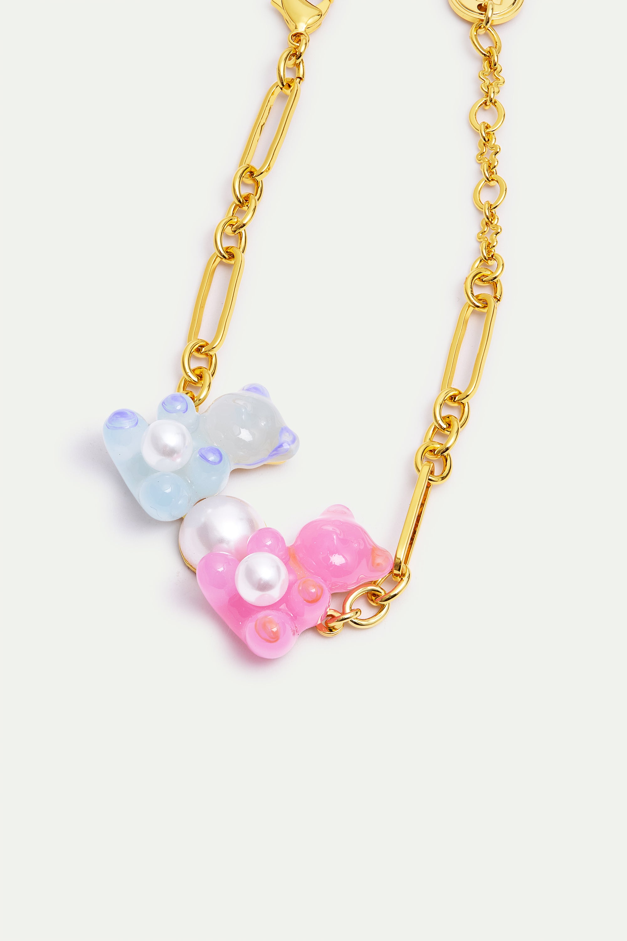 Blue and pink teddy bear sweet bracelet with white imitation pearl