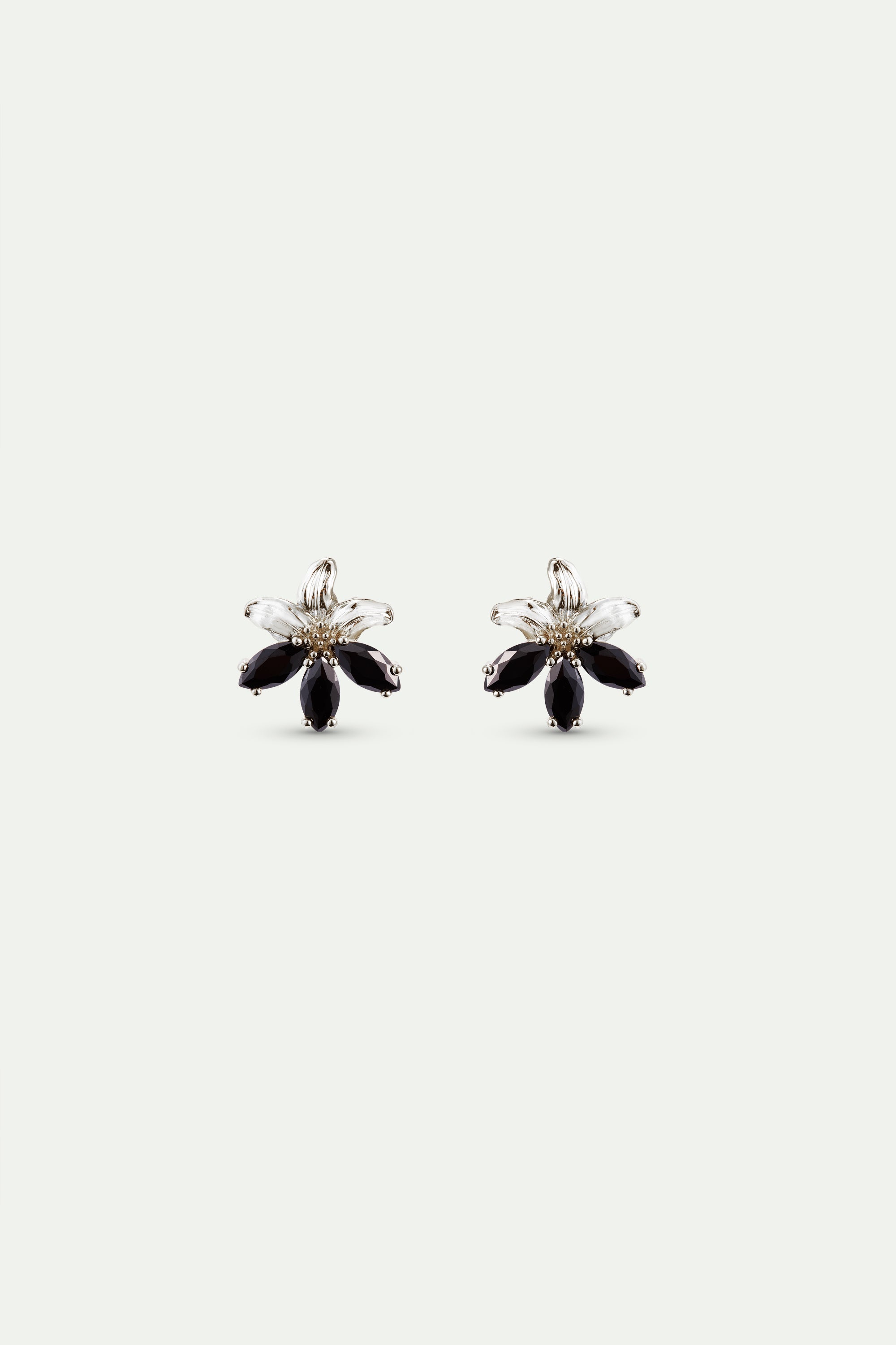Silver lily and black stone post earrings