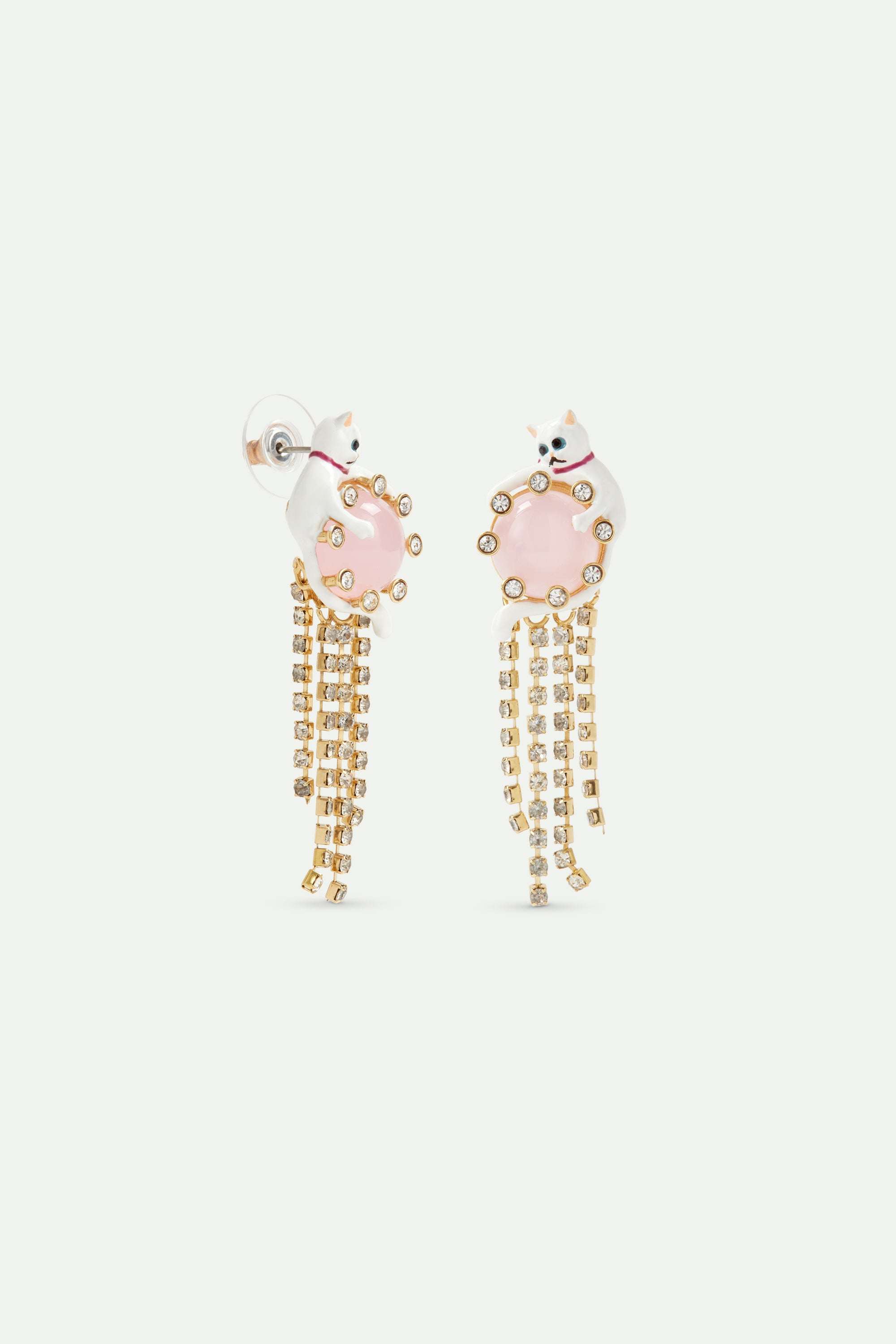 Dangle post earrings with white cat, pink round stone, and rhinestone chain.