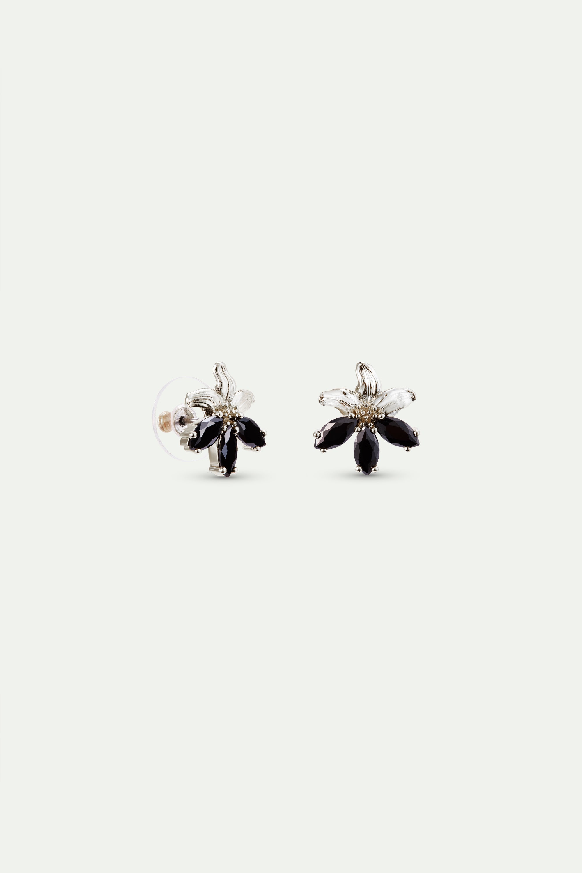Silver lily and black stone post earrings
