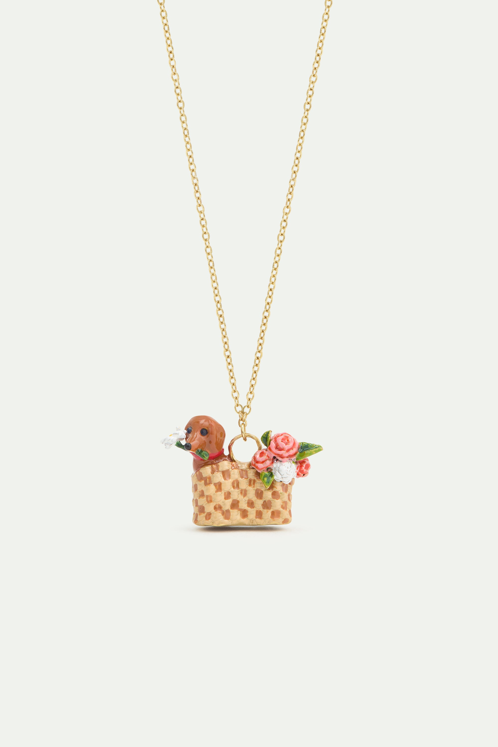 Basket, dachshund and flower pendant necklace