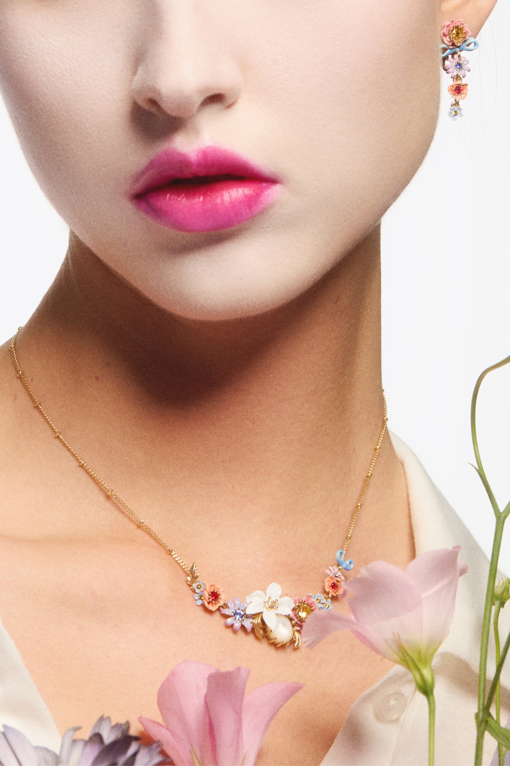 Pink and blue flowers, lily and mother of pearl round stone statement necklace