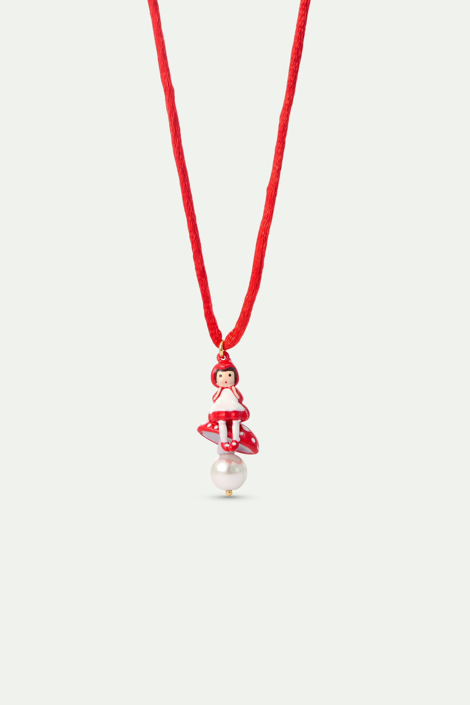 Collier pendentif rouge Petit Chaperon Rouge, champignon et perle fantaisie