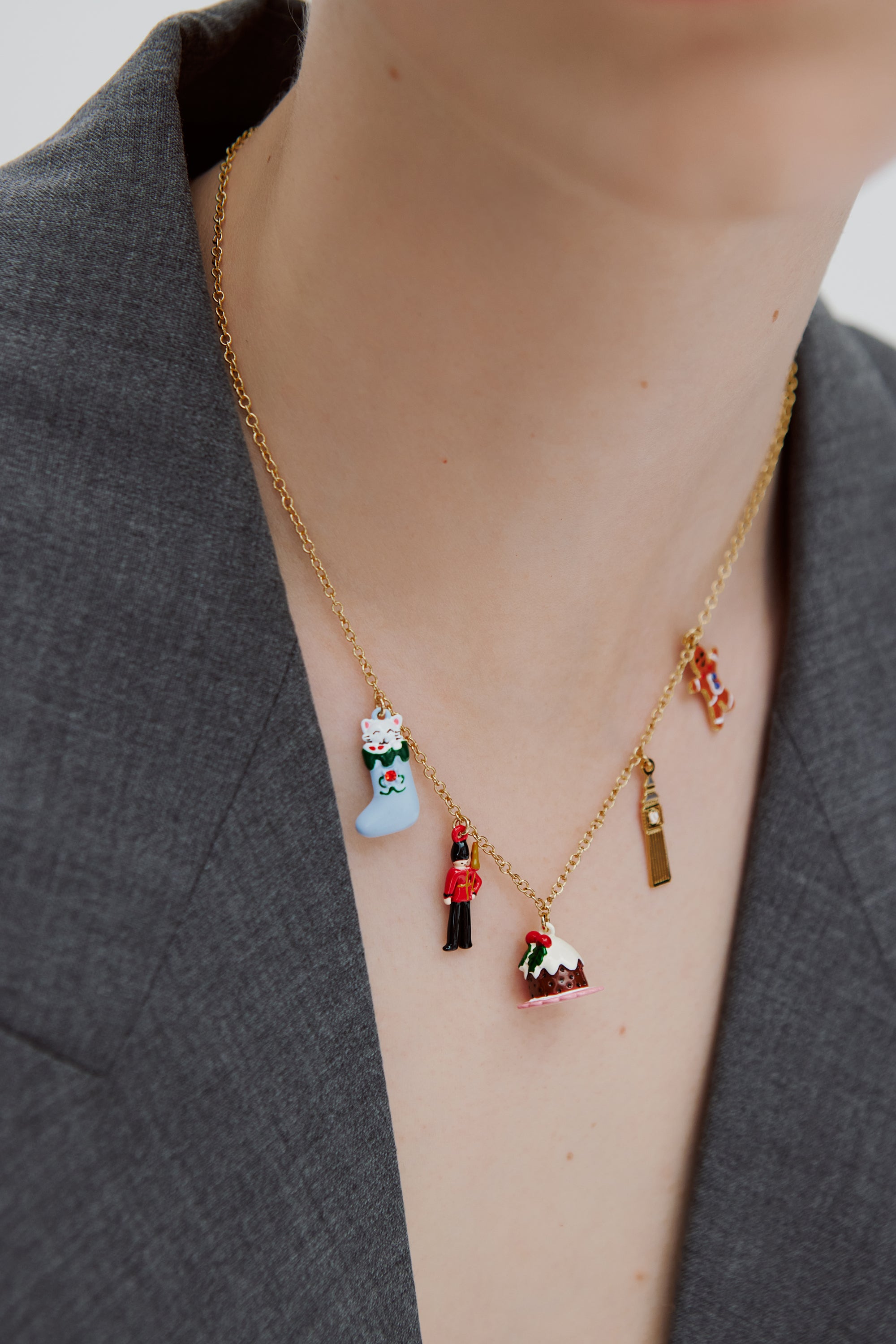 Christmas stocking, king's guard, christmas pudding, Big Ben and gingerbread man charm necklace
