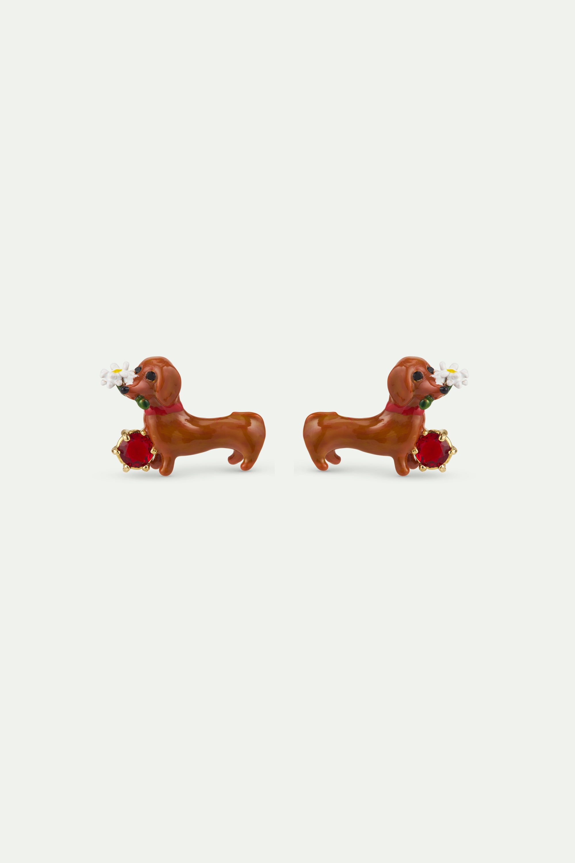 Dachshund post earrings with daisy and garnet red stone