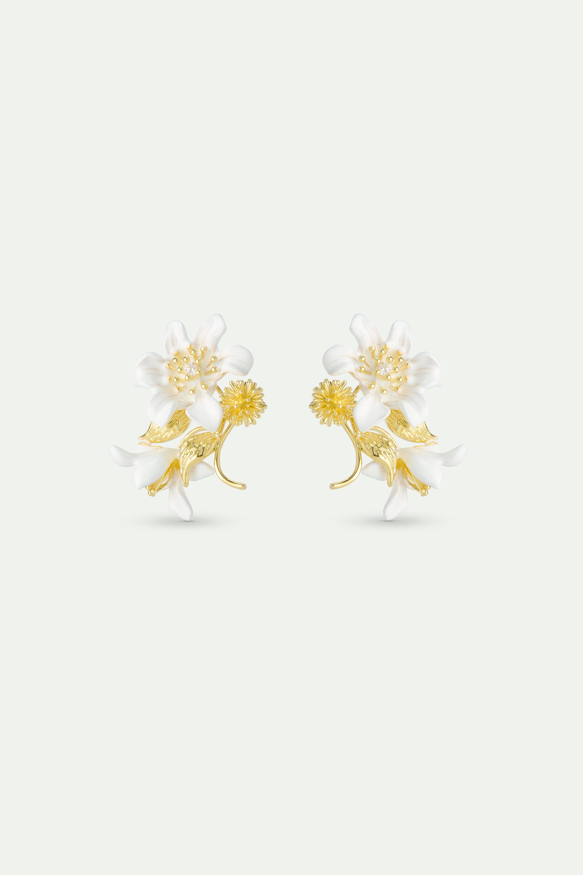 Large white clematis, laurel and japanese kerria earrings