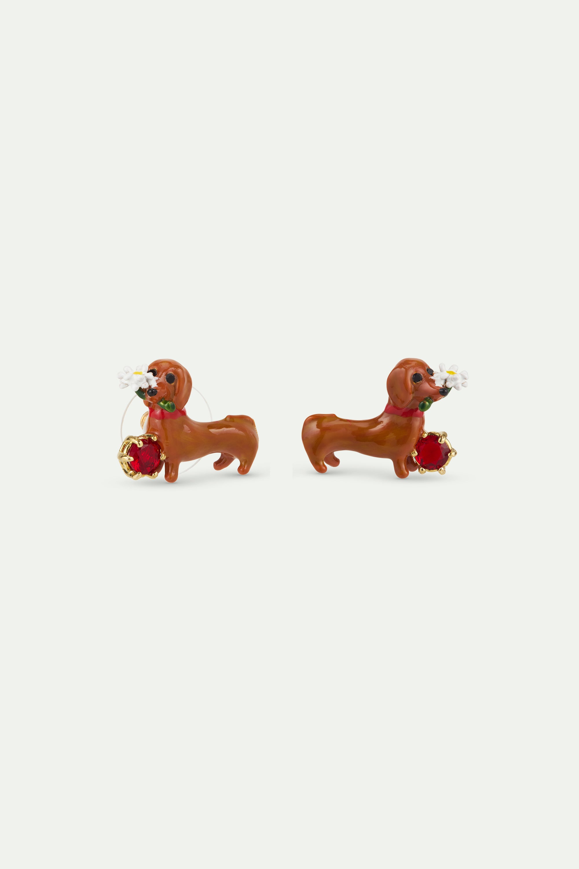 Dachshund post earrings with daisy and garnet red stone