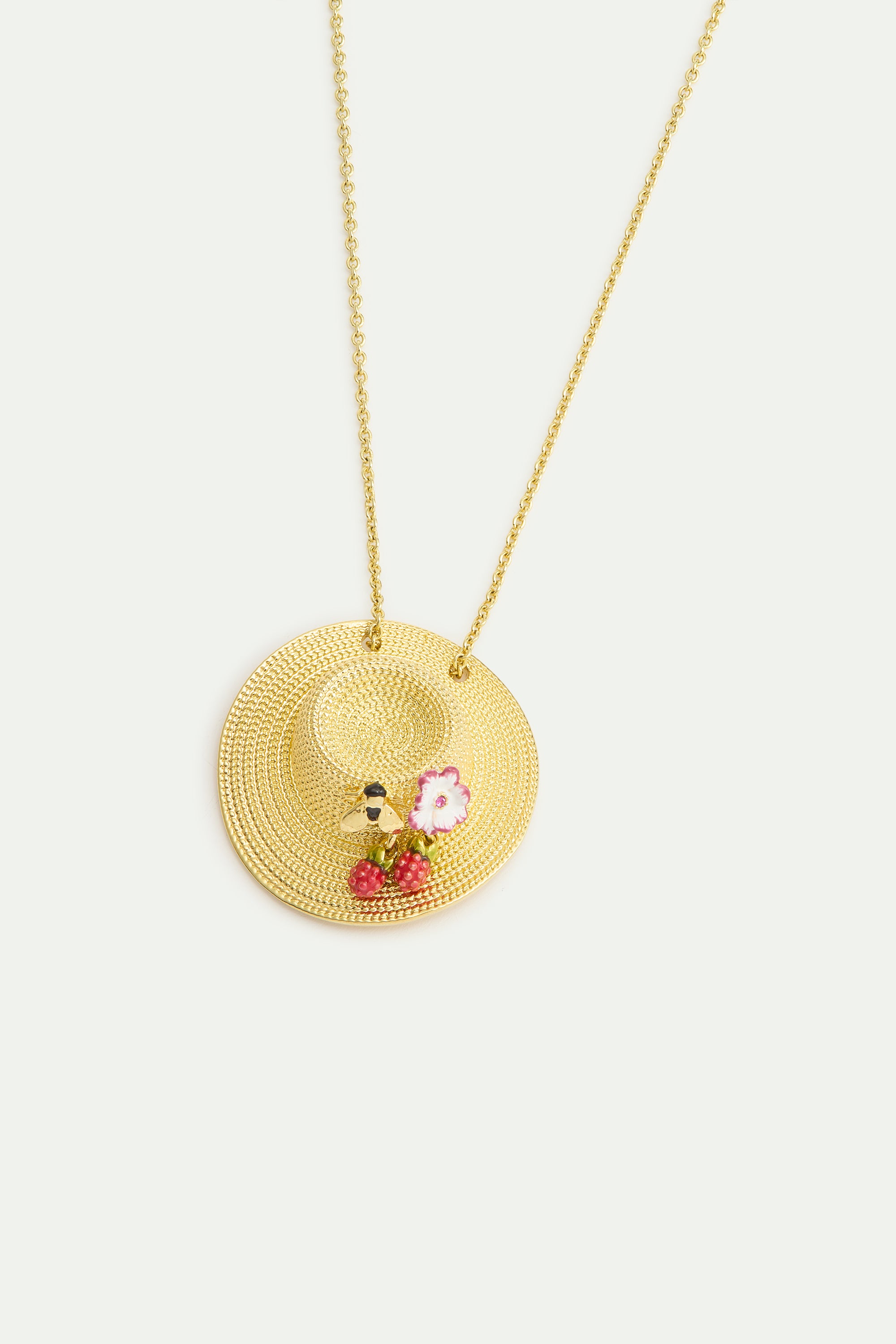 Pendant necklace with gold hat, cosmos, bee, raspberry and pink crystal