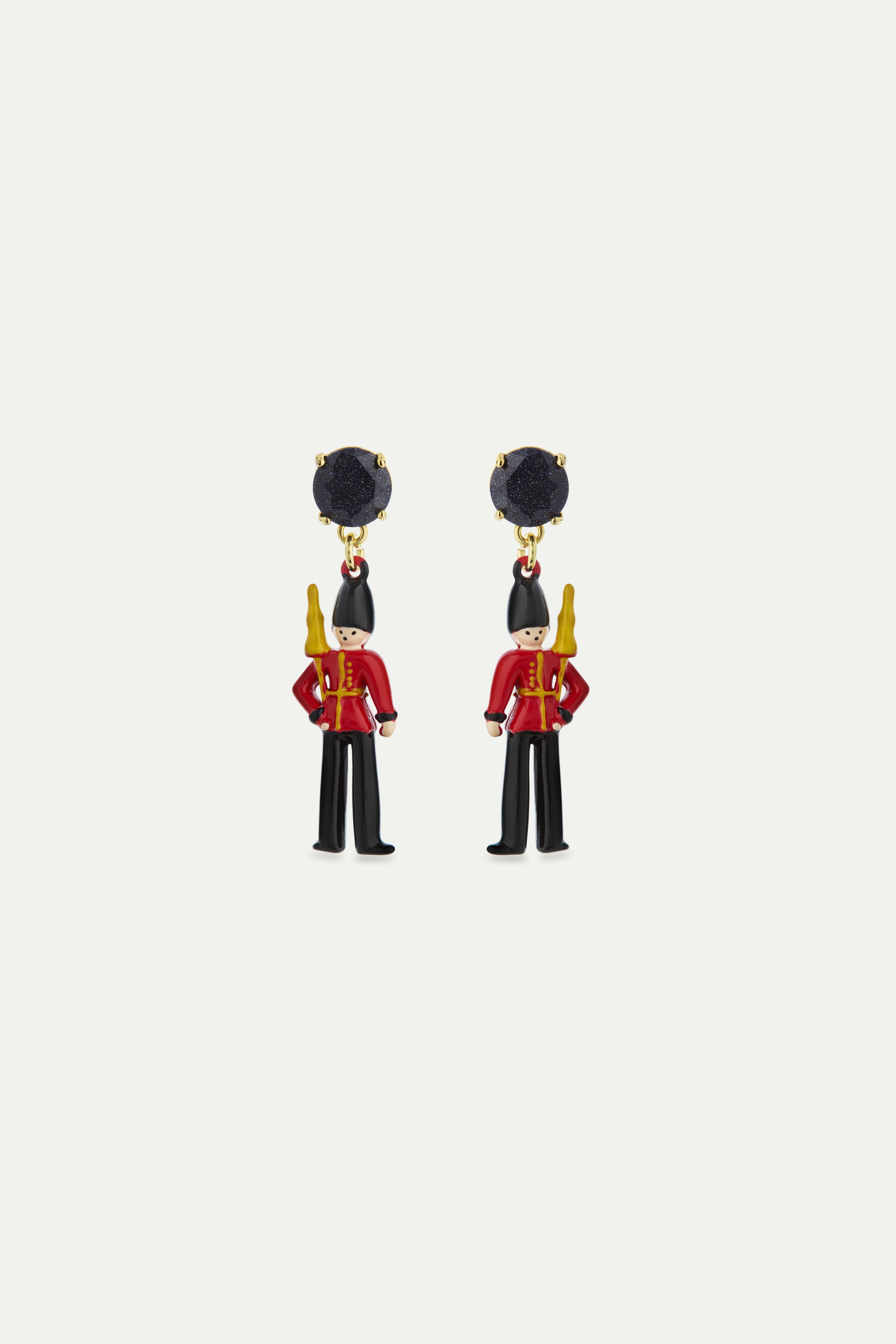 Earrings with black and red king's guards and black faceted glass