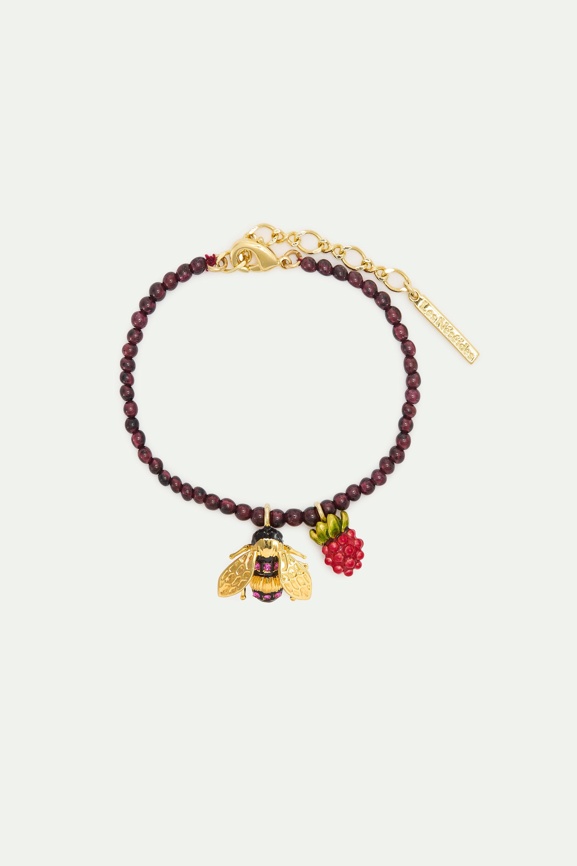 Reconstituted garnet bead bracelet with bee and raspberry
