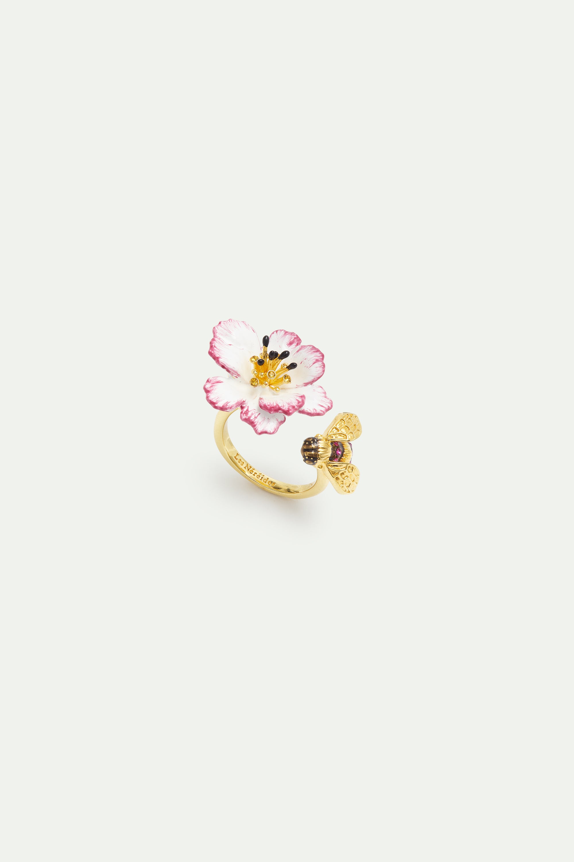 Adjustable ring with white and pink cosmos flower and gold bee