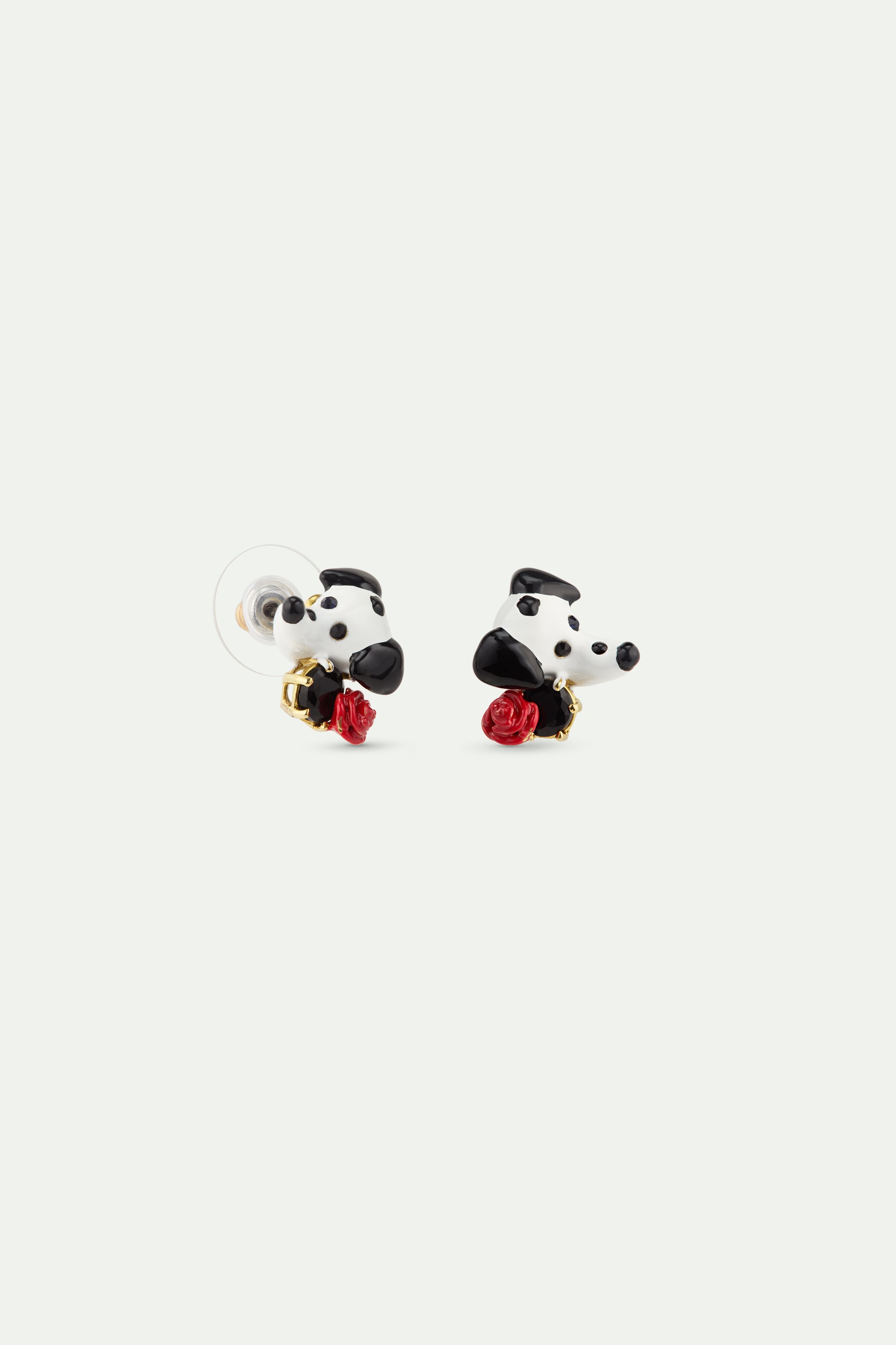 Dalmatian earrings with black round faceted glass stone and red rose