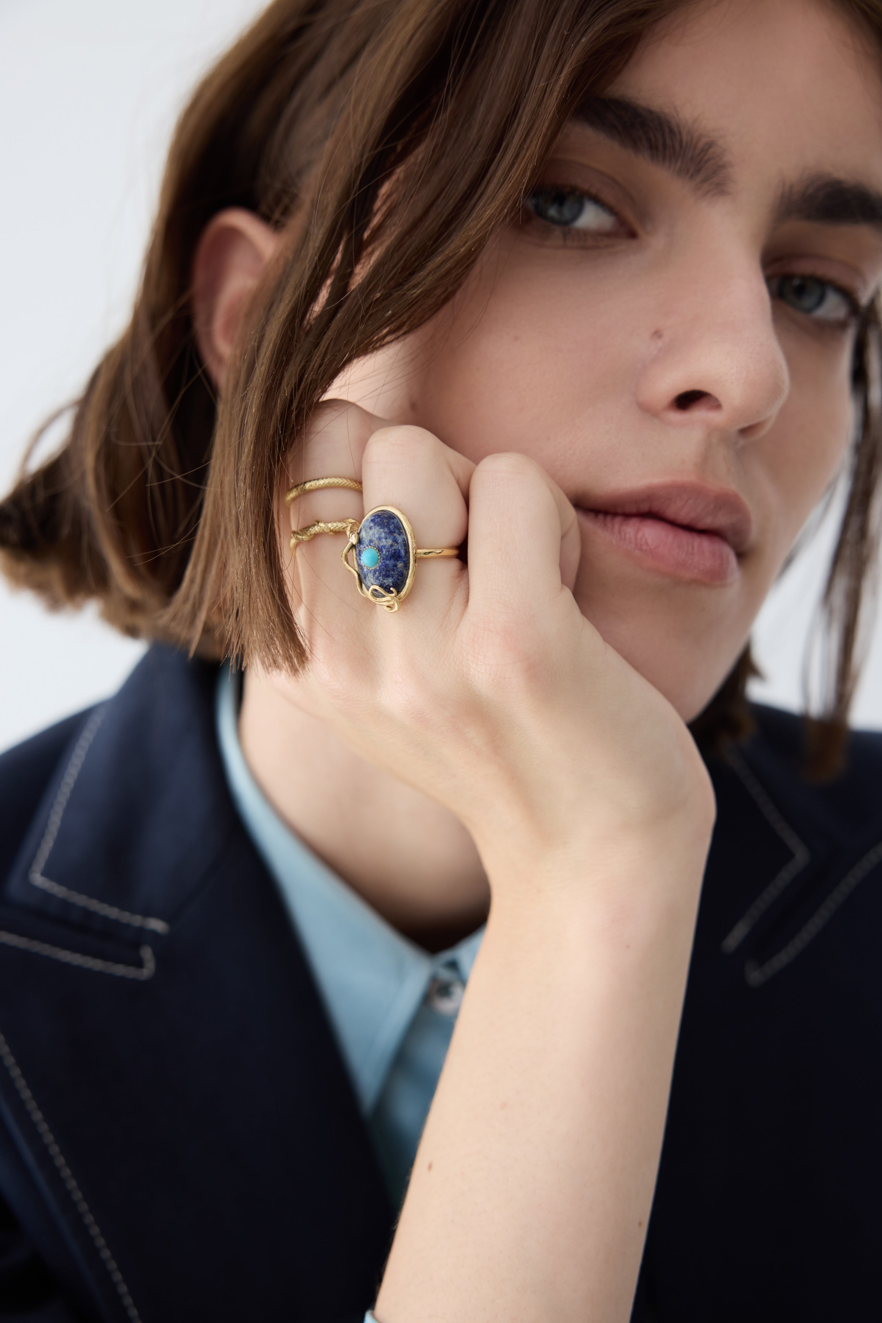 Lapis lazuli, turquoise and gold snake ring