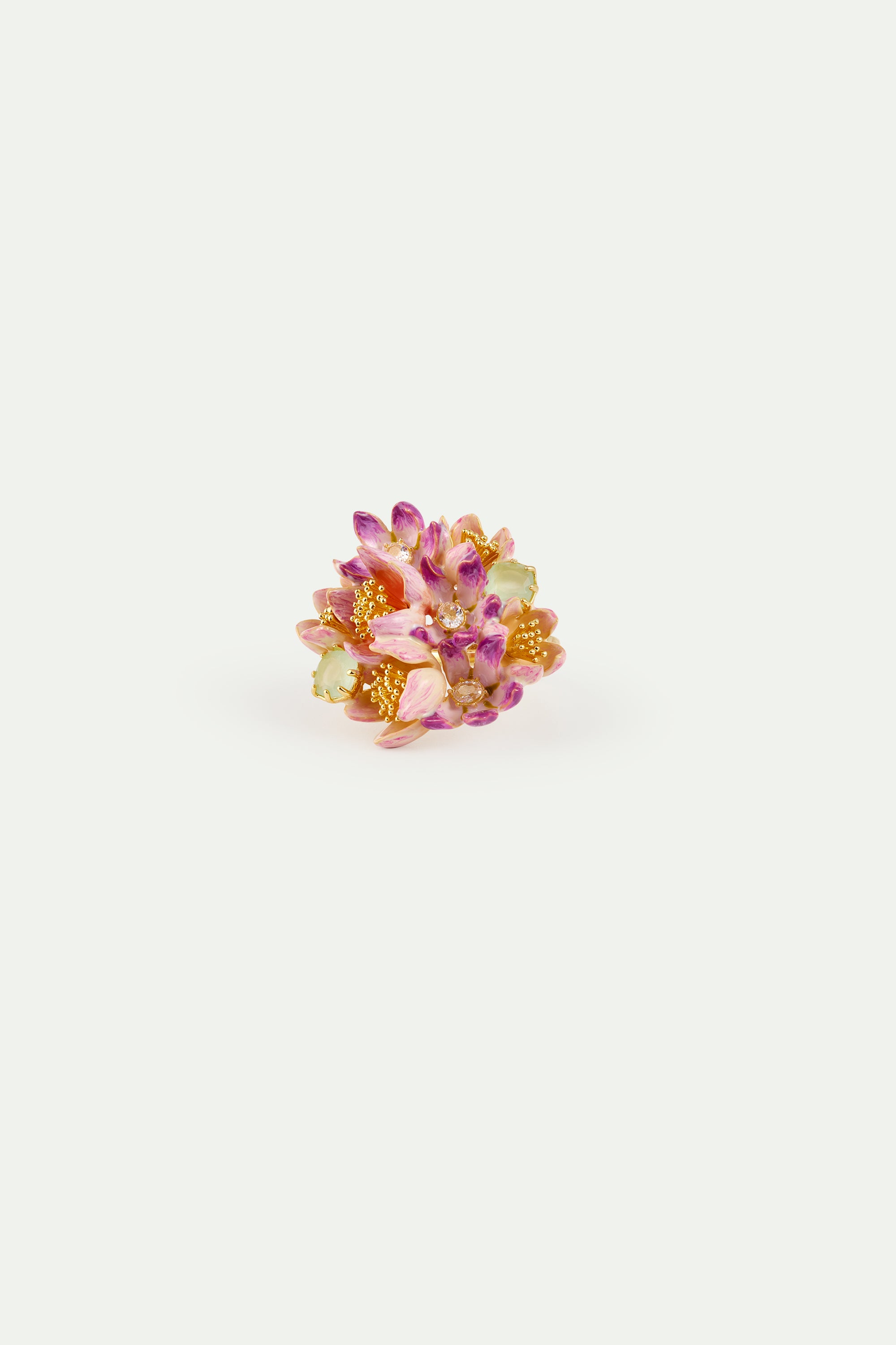Bague bouquet d'hellébores rose et violette et verres facettés verts