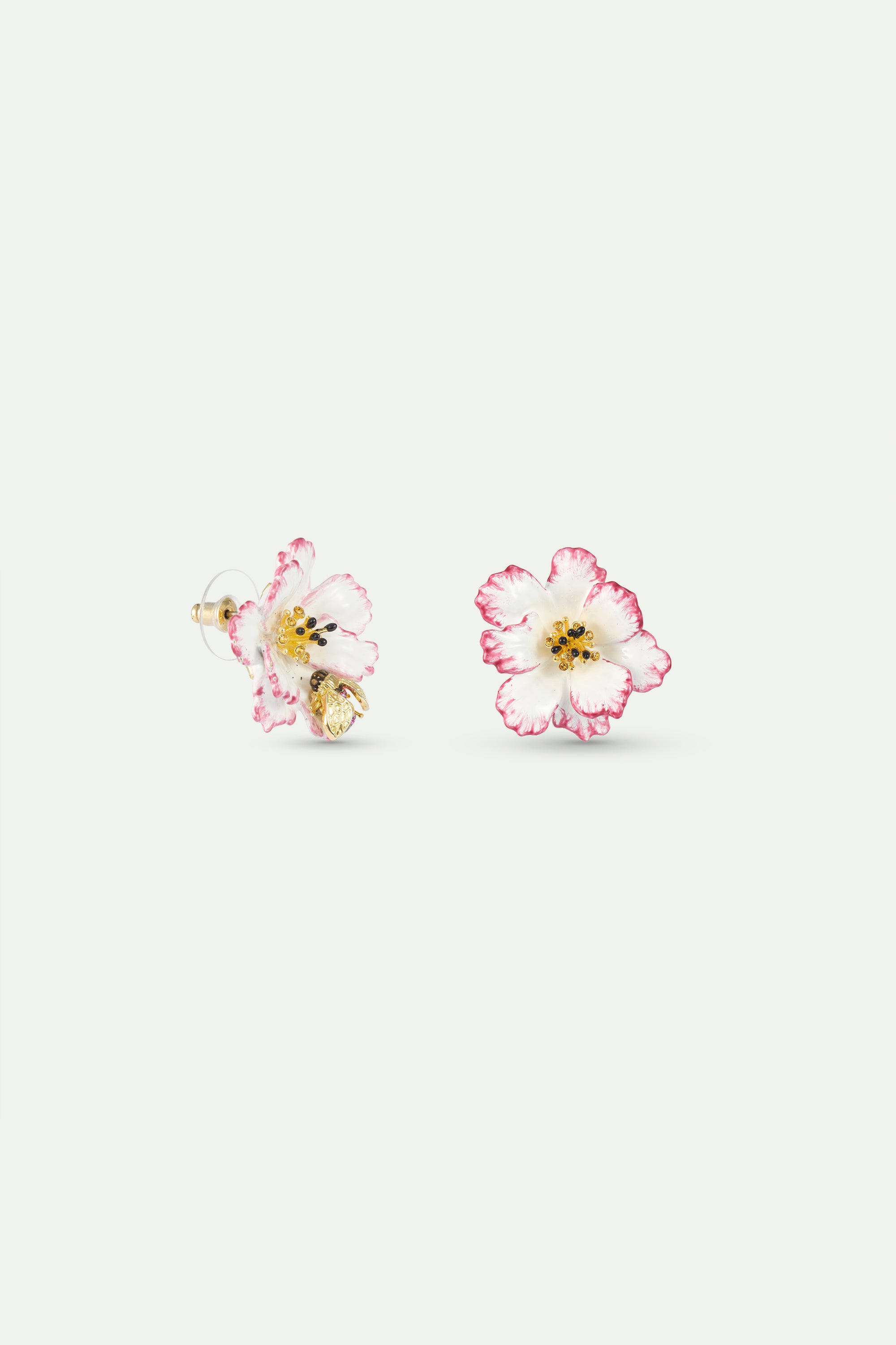 Asymmetrical earrings with white and pink cosmos flower and gold bee