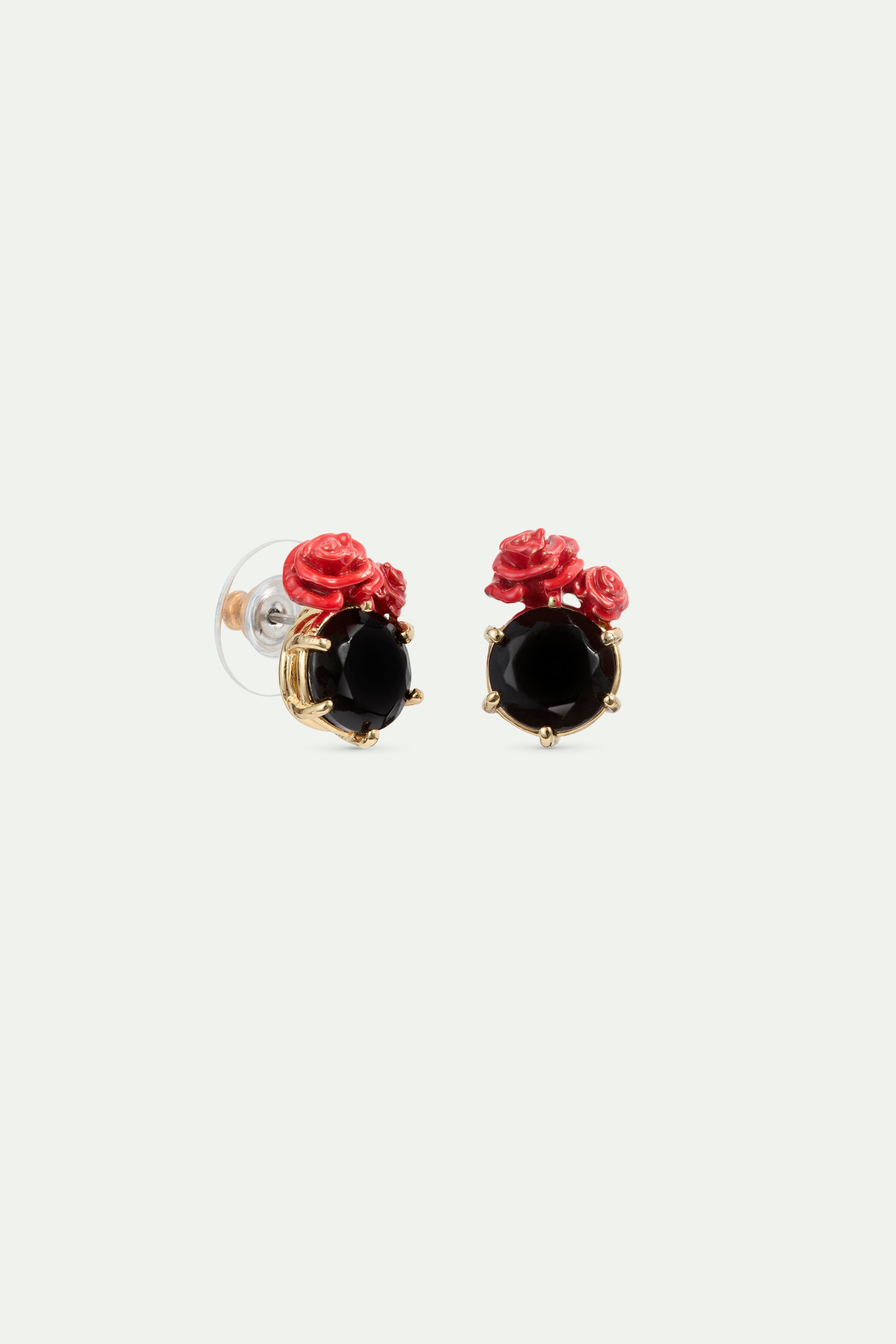 Black faceted stone and red rose post earrings