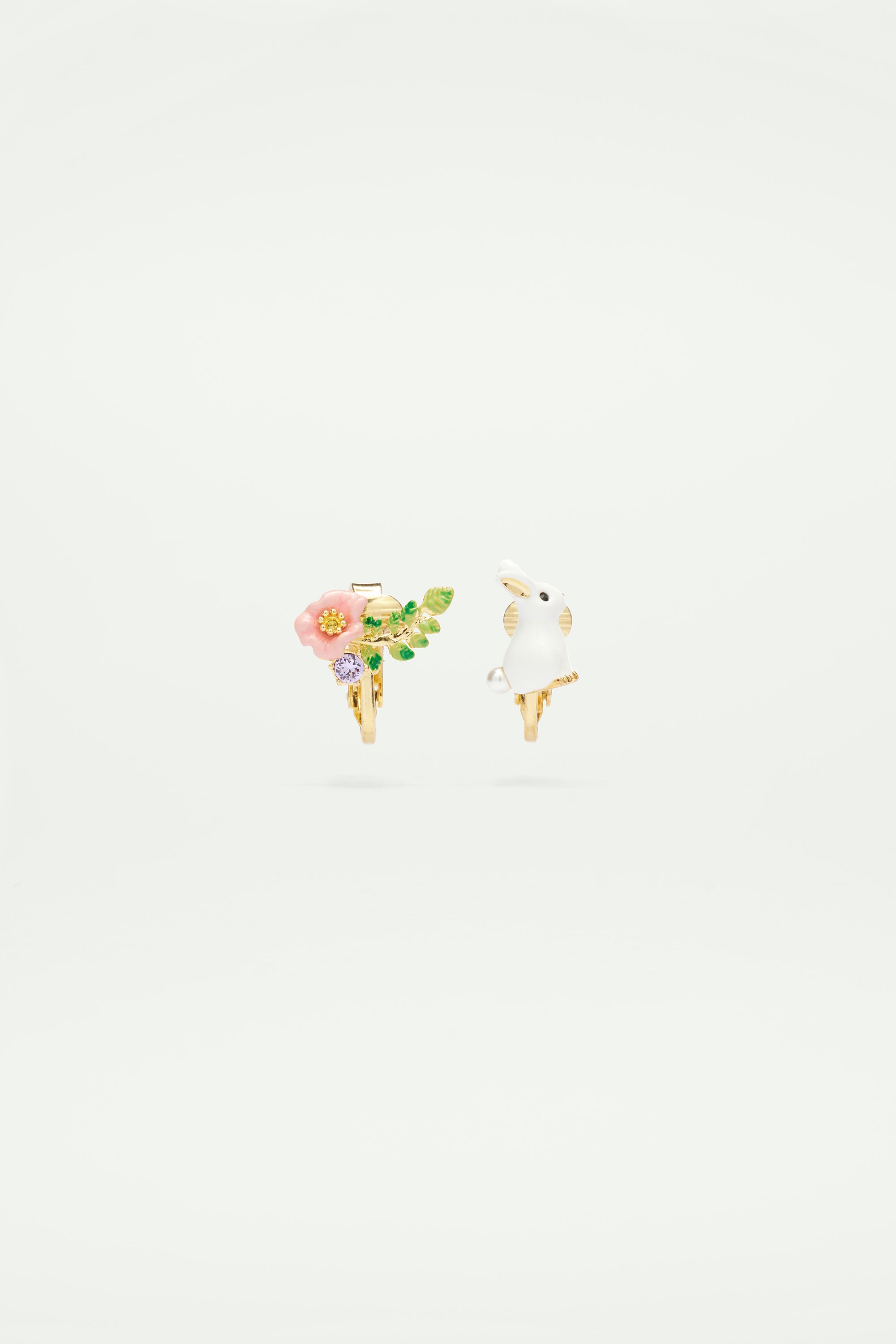 Rabbit and Pink flower Asymmetrical Clip on Earrings