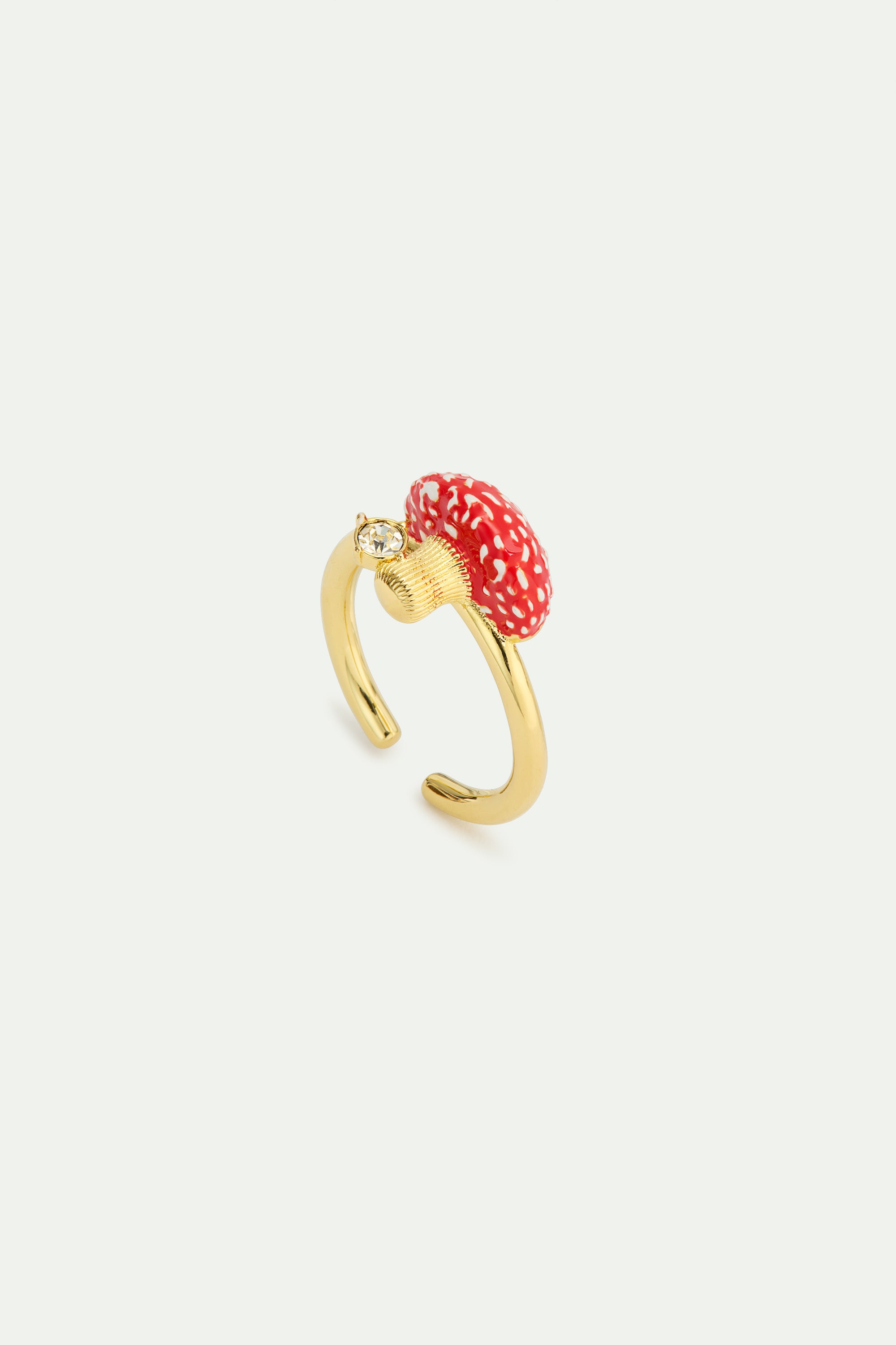 Gold and red mushroom and faceted crystal adjustable ring