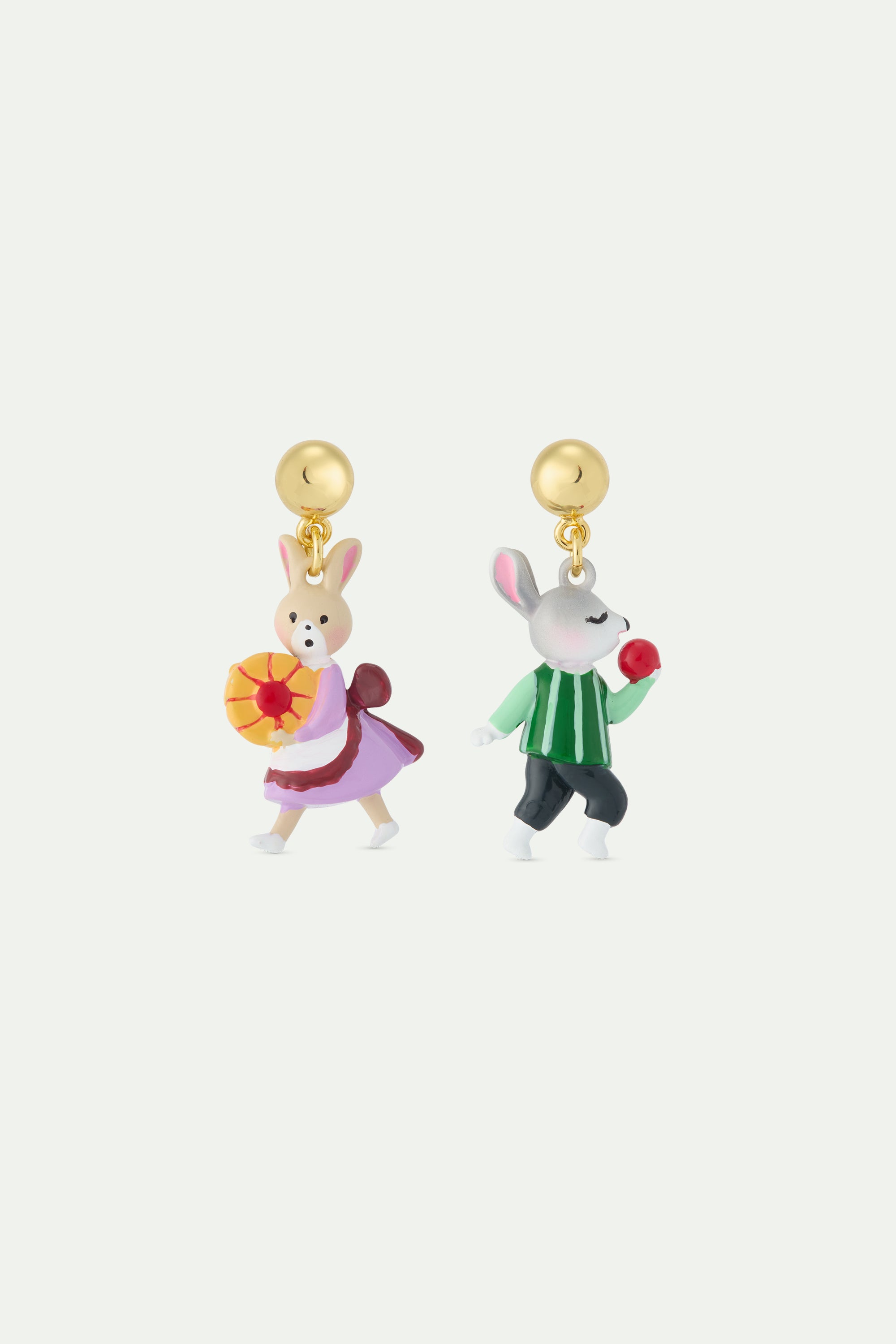 Asymmetrical dangle earrings with rabbit Hansel and Gretel.