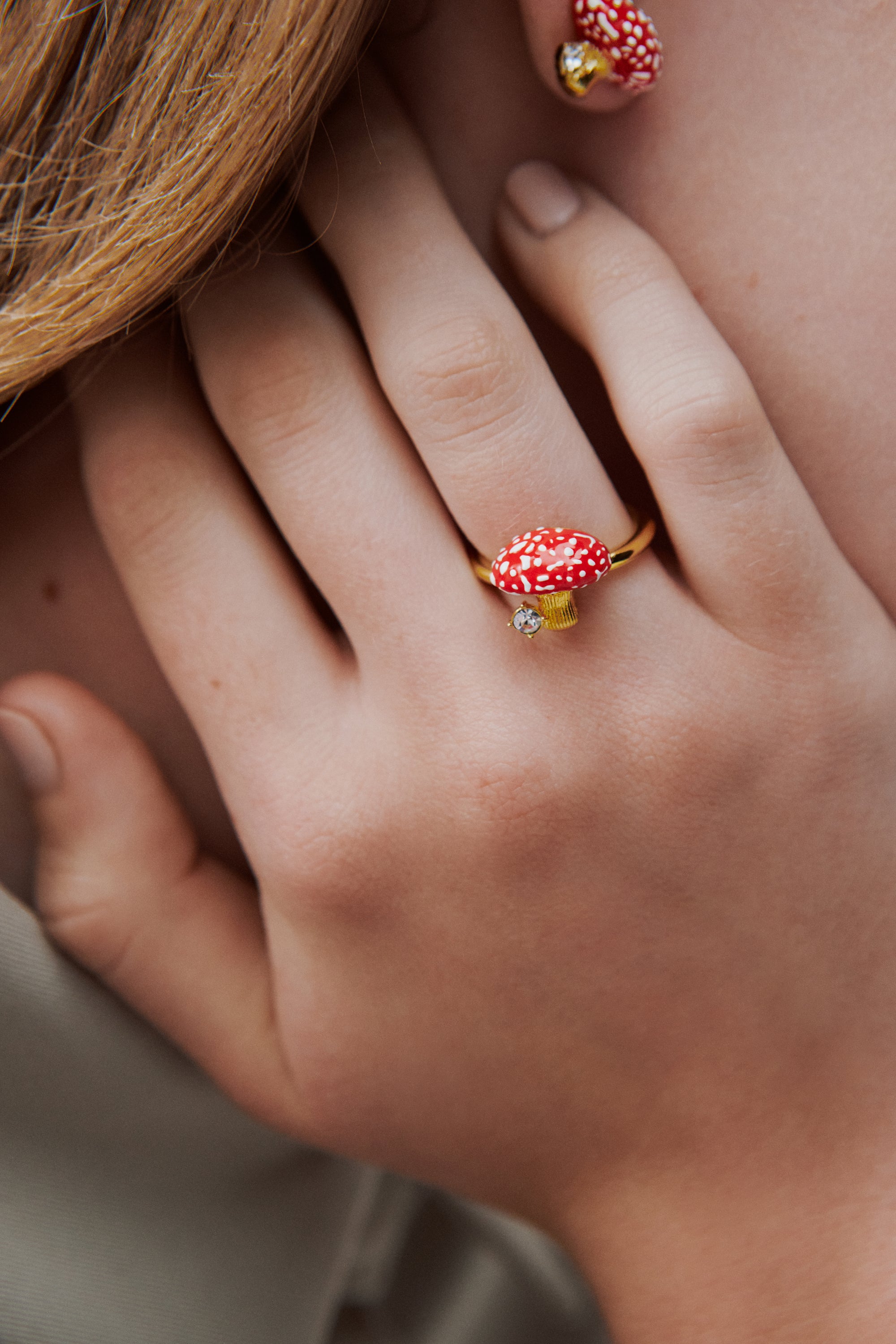 Gold and red mushroom and faceted crystal adjustable ring