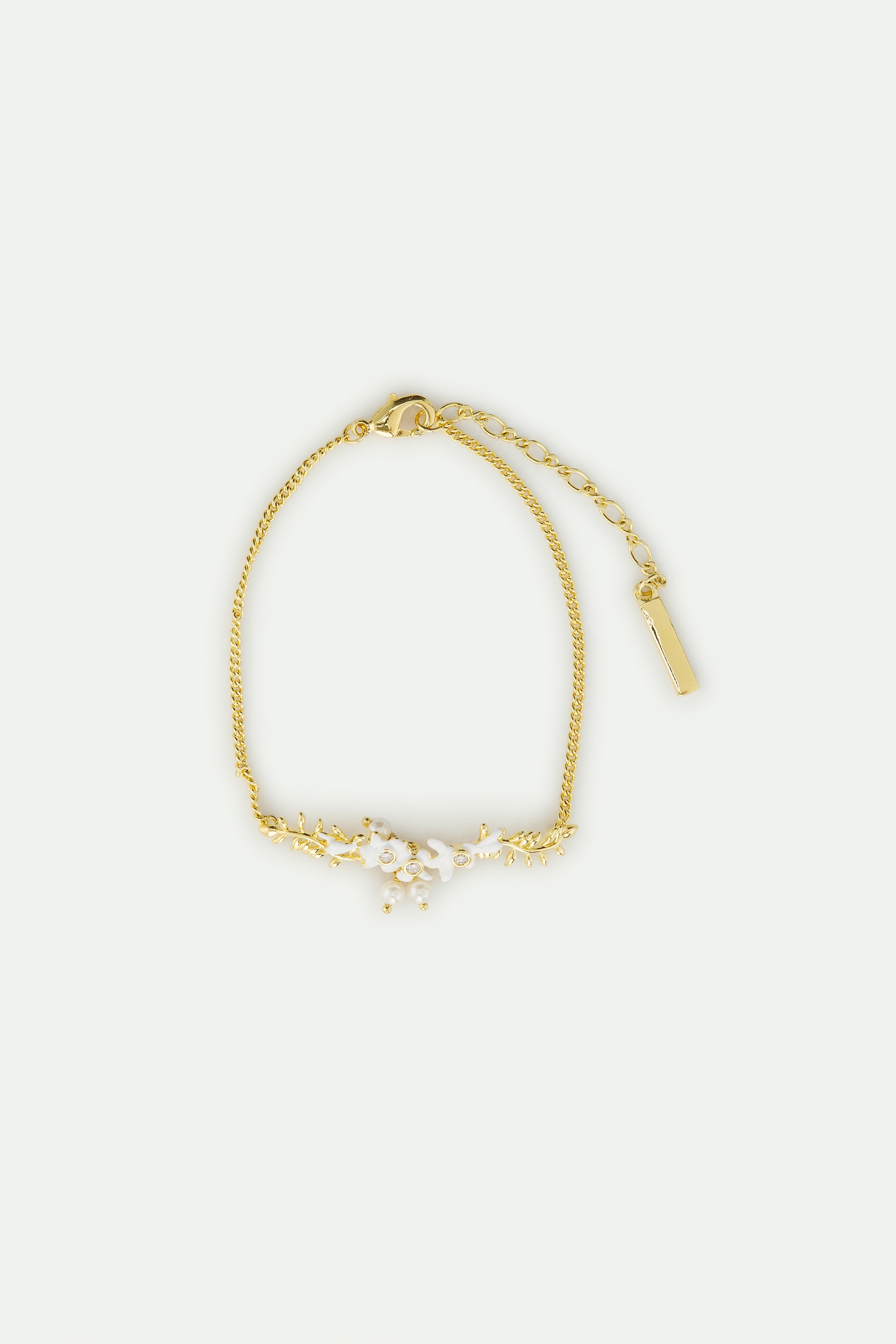 Golden laurel leaf, white wisteria and cultured pearl bracelet