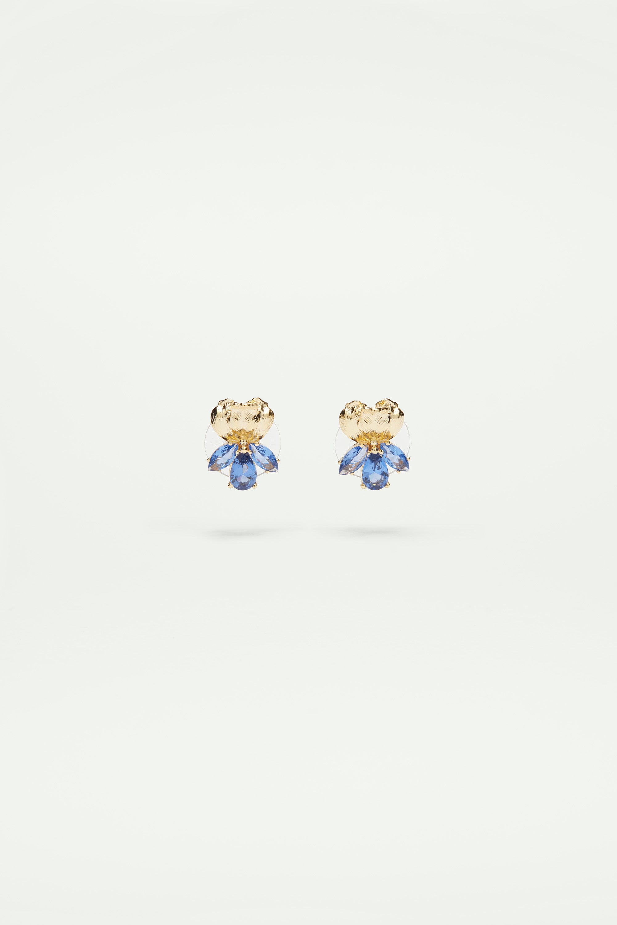 Gold Iris and blue crystal post earrings