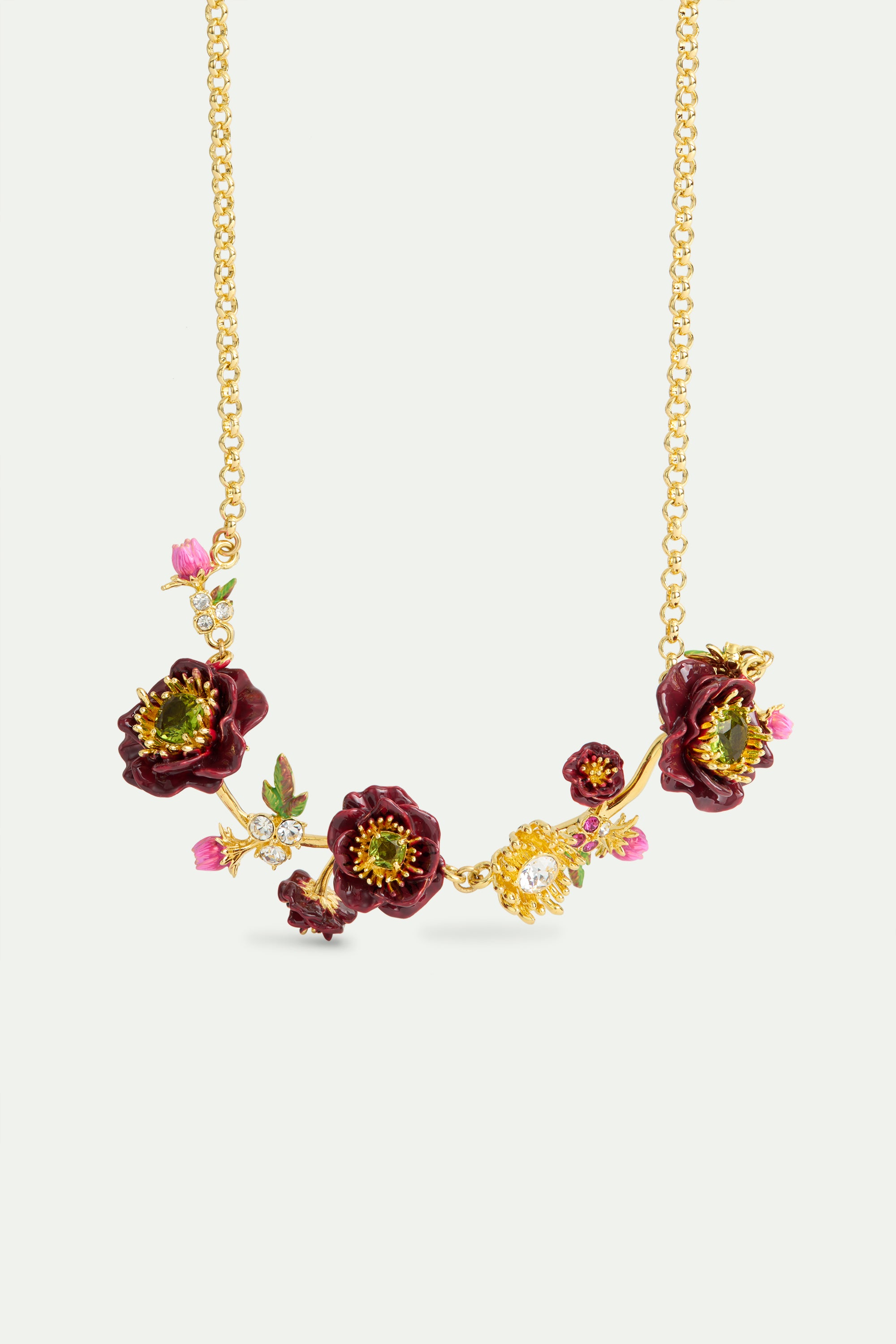 Statement necklace with burgundy anemone flowers, rose buds and green faceted stones