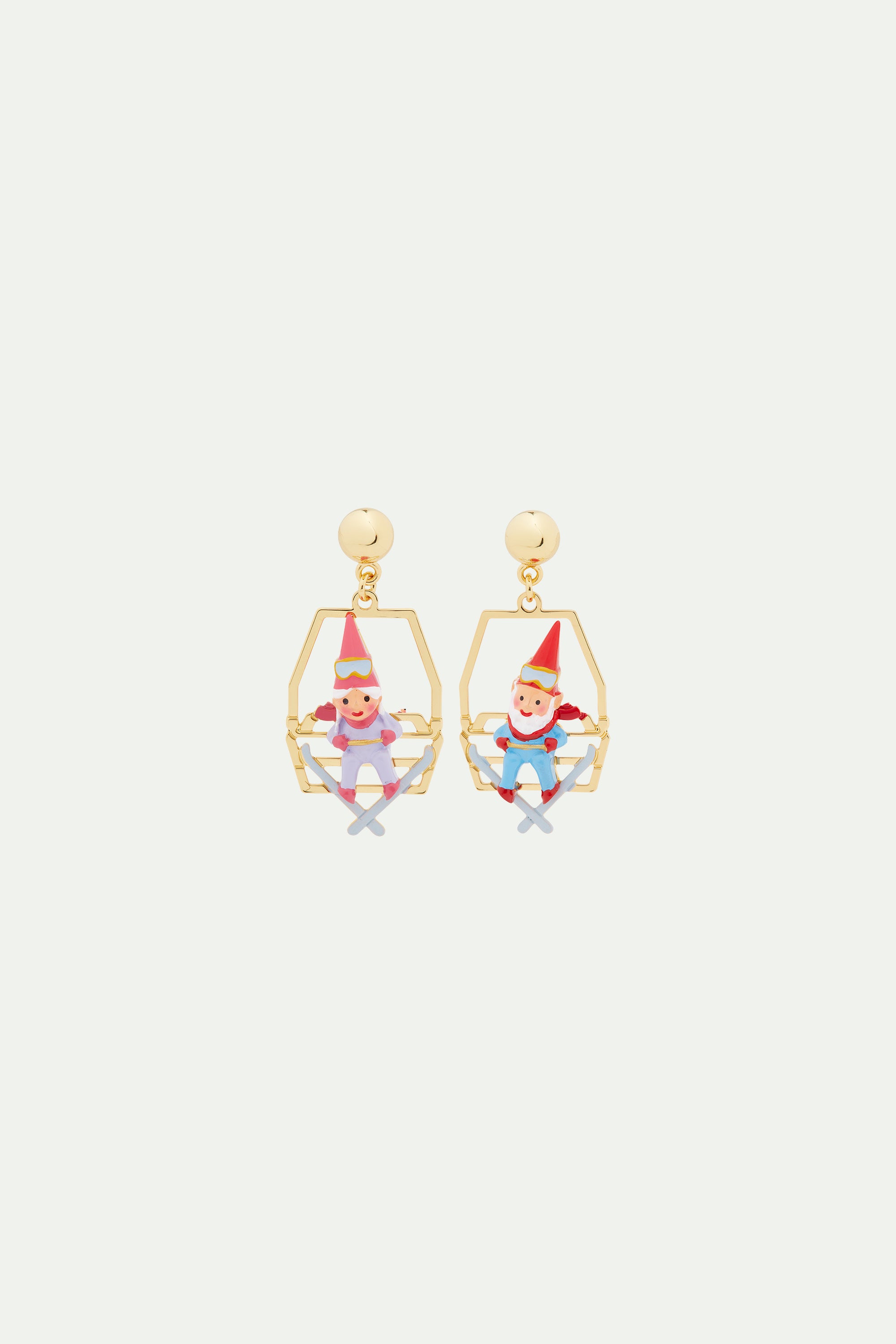 Garden gnomes sitting on chairlift clip-on earrings