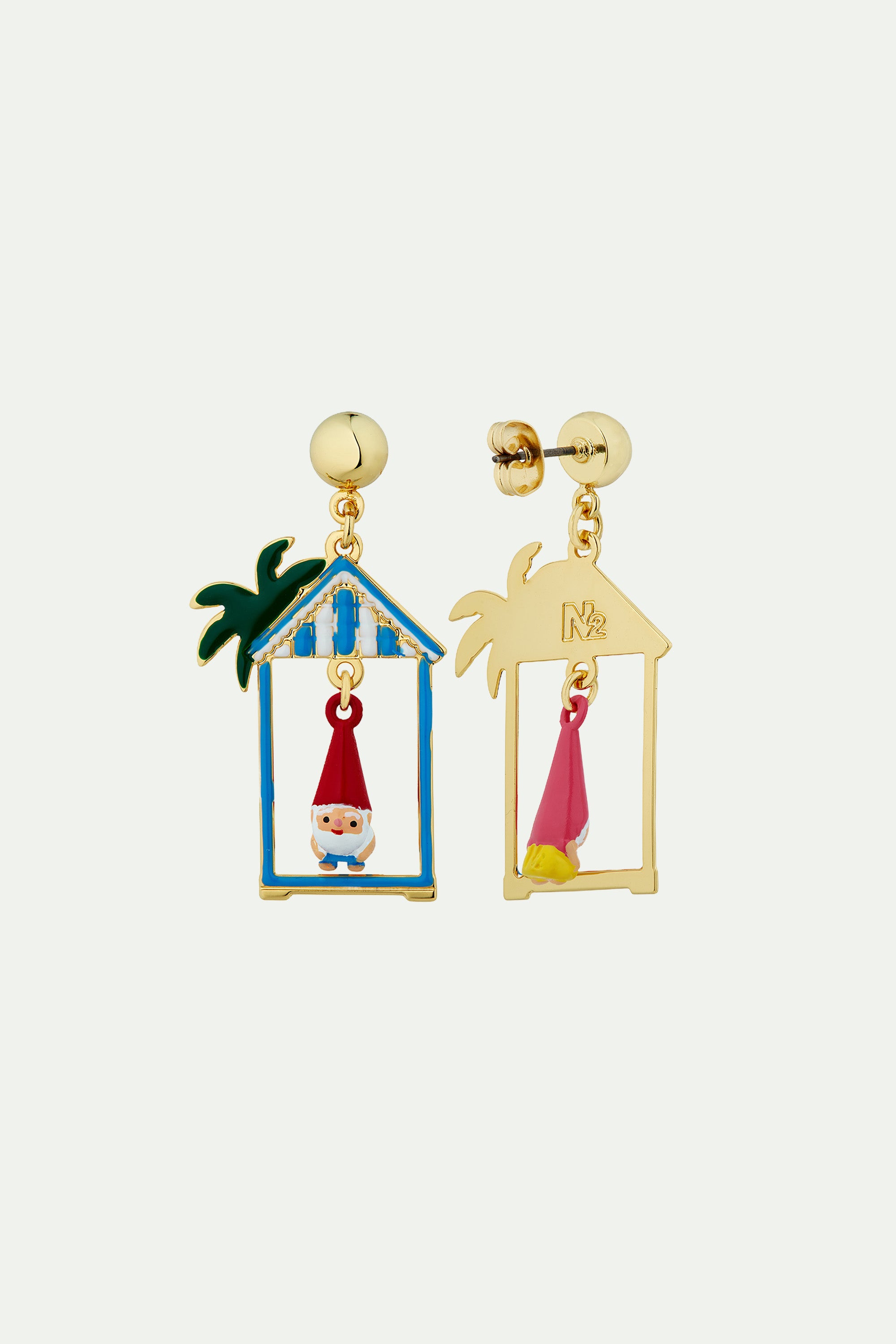 Toadstool family couple and beach hut asymmetrical earrings