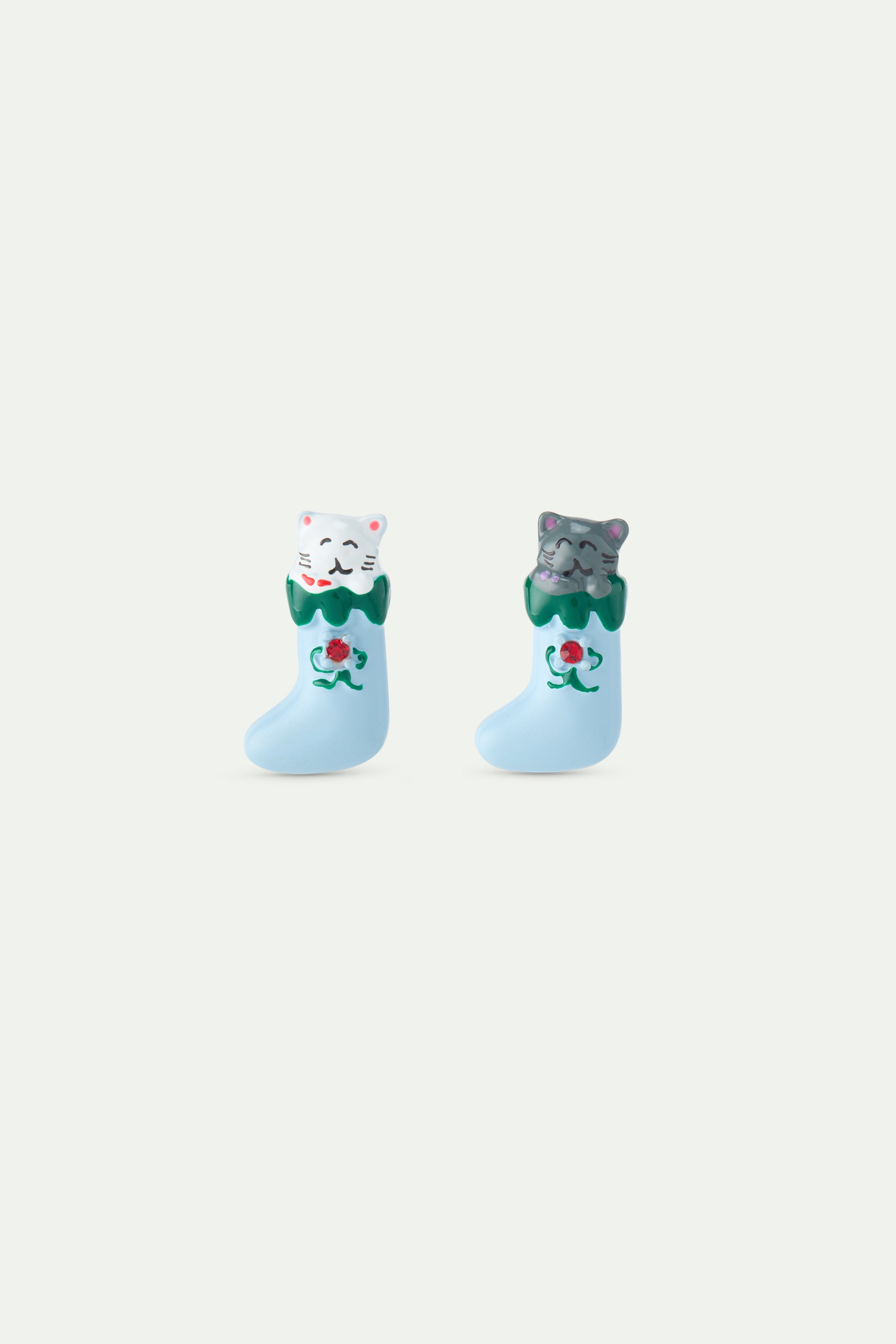 Christmas stocking earrings with white and grey cats and red faceted crystal