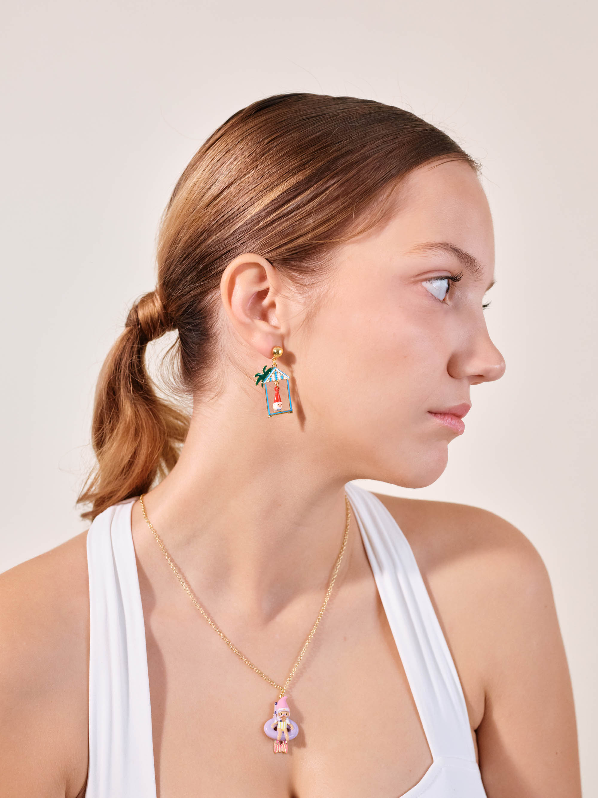 Toadstool family couple and beach hut asymmetrical earrings