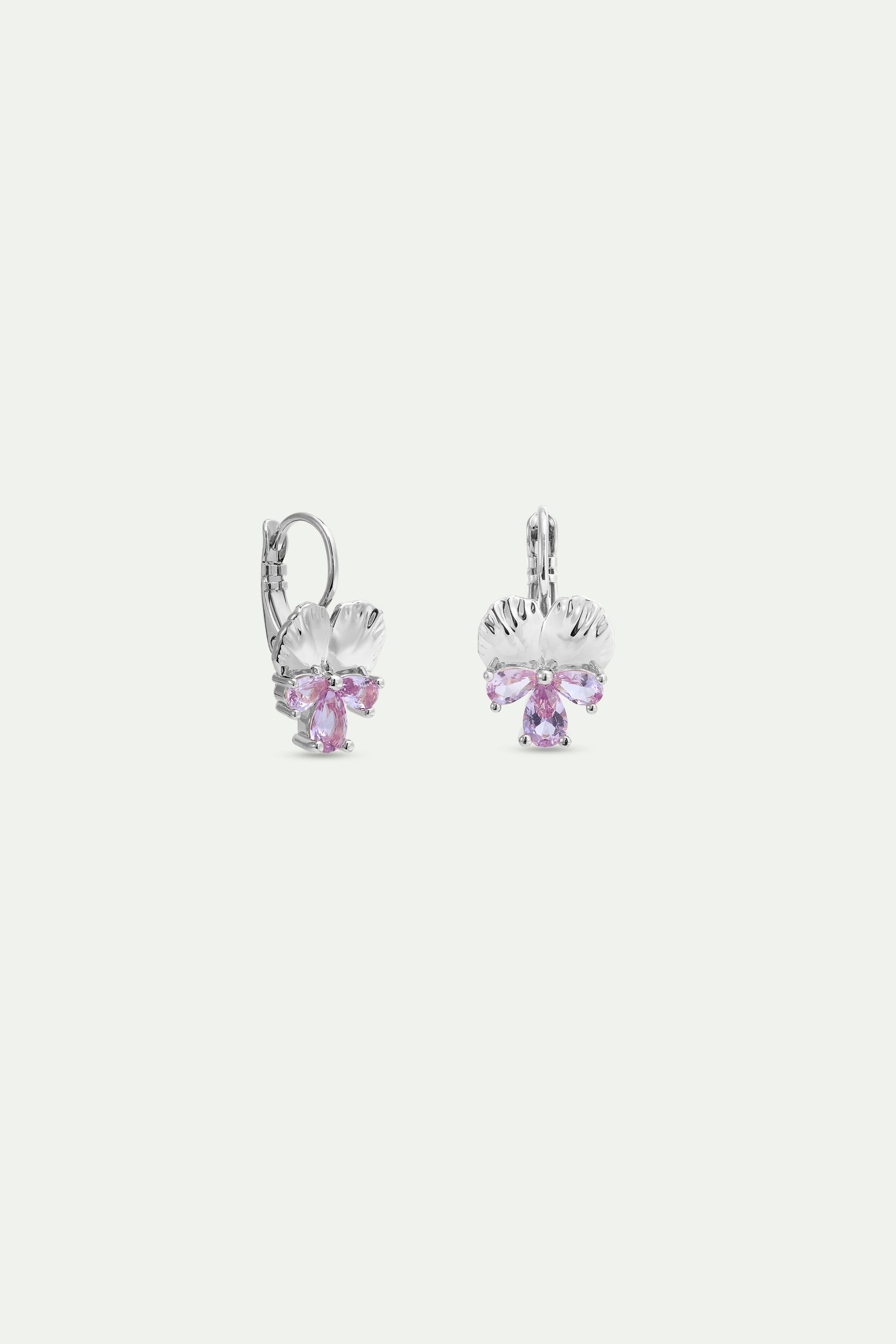 Pendientes dormilonas plateados de pensamiento y piedras rosas